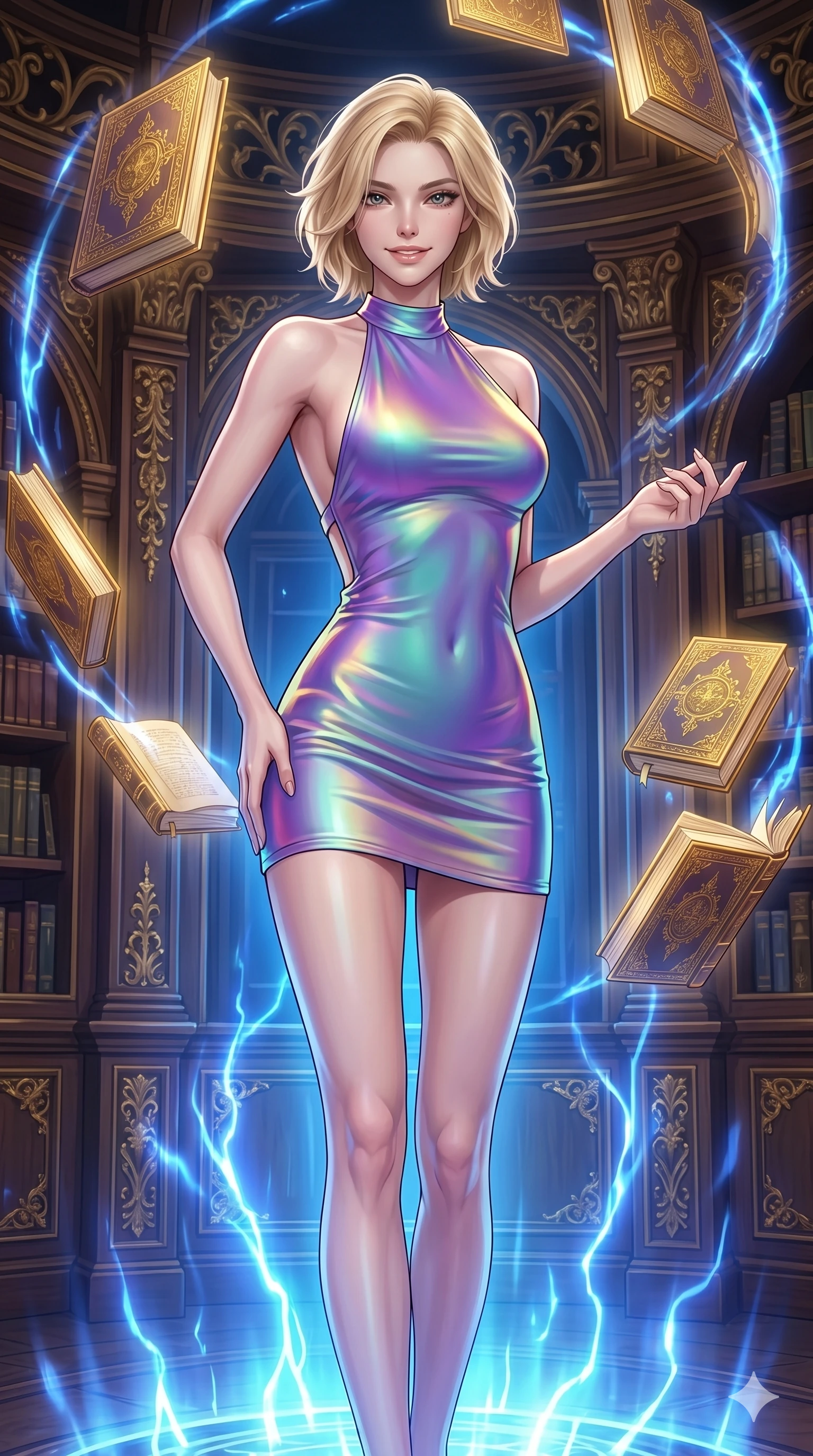 score_9, masterpiece, best quality, ultra-detailed, high-budget anime keyframe, editorial fashion photography, tasteful artistic composition, Caucasian woman, strictly human ears. cowboy shot from the thighs up, character and outfit filling the frame for maximum editorial presence. Smiling with quiet, magnetic self-assurance directly into the camera amidst a baroque library where glowing golden books orbit in slow spiral patterns. She has an absolutely perfect 8-heads proportion, an exceptionally tall and slender female figure with impossibly long slender legs and an ultra-slim waist. V-shaped jawline, high-bridge nose, intricate jewel-like eyes with depth, thick eyelashes, glossy lips with a natural sheen. wearing an iridescent color-shifting halter-neck mini dress with a structured open-back, a precision-fitted form-contouring body and an elevated hemline at the upper thigh. highlighted by pulsing electric blue plasma arc lighting from below, casting dramatic upward shadows. 2k, ultra detail, master piece, 9:16 ratio
