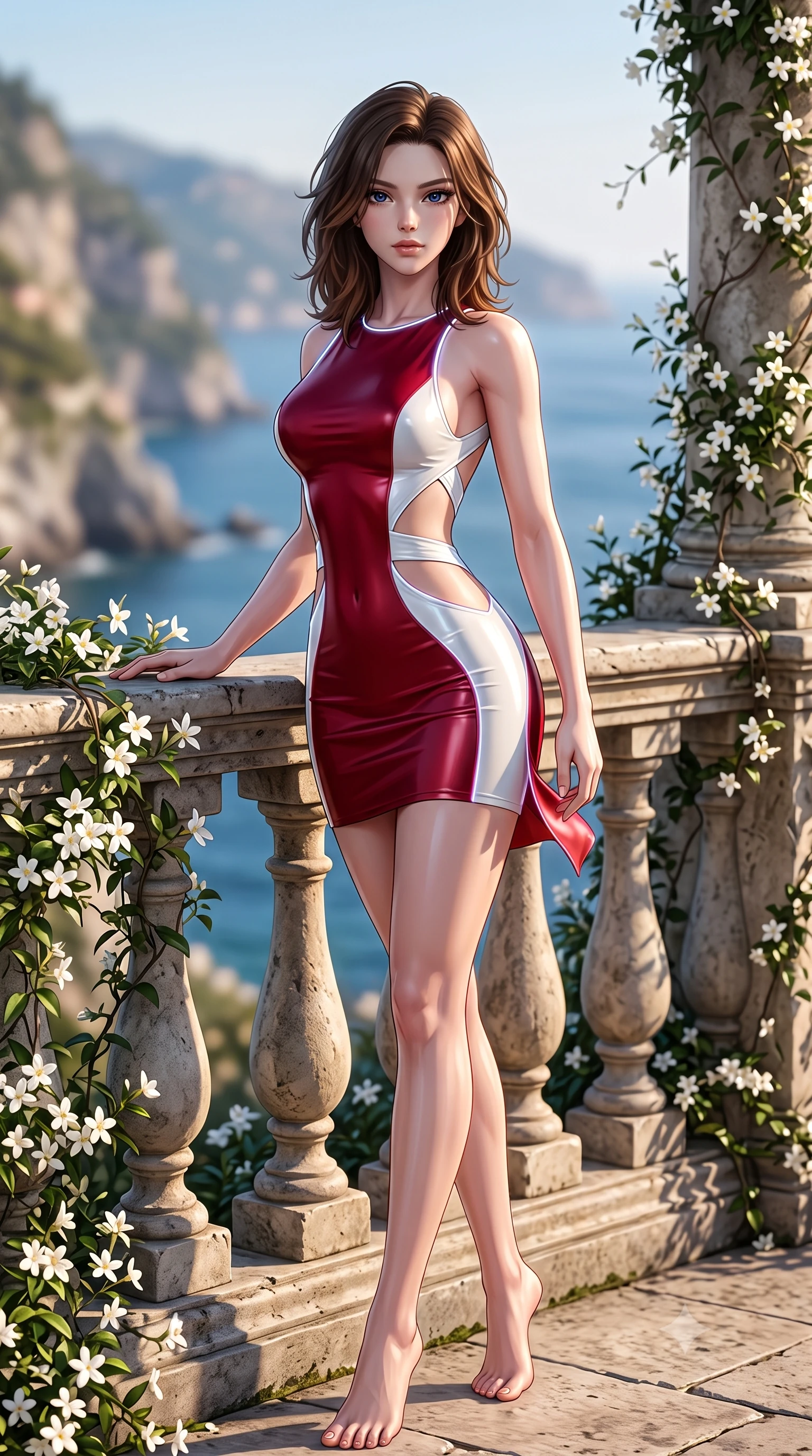 score_9, masterpiece, best quality, ultra-detailed, high-budget anime keyframe, semi-realistic 3D game render, editorial fashion photography, tasteful artistic composition, Korean woman. low angle full-body shot from head to toe showing her feet, filling the entire 9:16 vertical frame with her statuesque presence, stretching her vertical silhouette. pivoting dynamically in mid-motion with a breathtakingly alluring posture, displaying her flawless model proportions and ultra-slim waist while leaning against an antique stone balustrade draped in fragrant jasmine flowers as afternoon breezes flutter her dress. The composition keeps background elements in soft focus with creamy bokeh. distant coastal cliffs and sapphire sea waters softened in dreamy shallow depth of field. She has an absolutely perfect, statuesque 8.5-heads proportion, an exceptionally tall and slender model-like female figure with impossibly long slender legs, a toned flat midriff, and an ultra-slim waist. sharp v-shaped jawline, high-bridge nose, intricate jewel-like eyes with depth, thick eyelashes, glossy lips with a natural sheen, flawlessly proportioned anatomical accuracy, strict slender model proportions, natural body alignment, perfectly sculpted long slender limbs, ultra-slim waistline, clean dynamic posture without body distortion. wearing a second-skin fashion-latex mini dress with a clean architectural front, featuring an open-back design that wraps around the sides of her waist, showcasing her slender silhouette in radiant crimson silk and crisp snow white, made of liquid metal jersey that clings flawlessly to every contour of her build, accented with glowing fiber-optic seams tracing her collarbones and hip curves, the liquid-tight tailored fabric emphasizing every curve of her tall, slender model proportions and sculptured silhouette during dynamic movement. surrounded by a romantic, fresh, and captivatingly luxurious Mediterranean palace aura. highly saturated vibrant anime colors, detailed shading with soft gradients, rich glossy textures, high-contrast stereoscopic depth, volumetric dynamic lighting, master piece, 9:16 ratio
