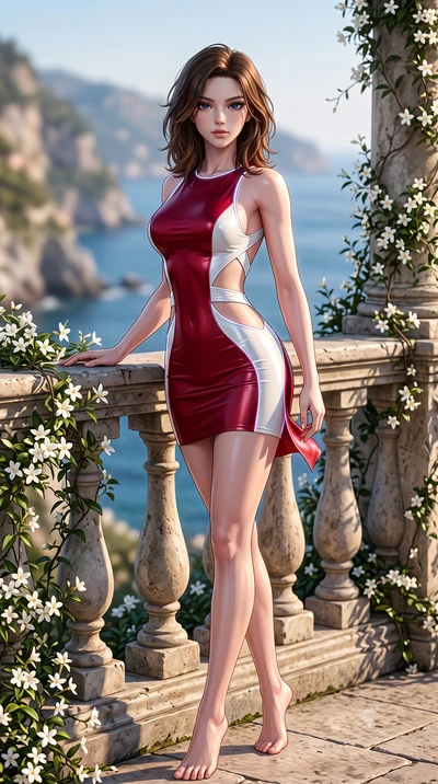 score_9, masterpiece, best quality, ultra-detailed, high-budget anime keyframe, semi-realistic 3D game render, editorial fashion photography, tasteful artistic composition, Korean woman. low angle full-body shot from head to toe showing her feet, fil
