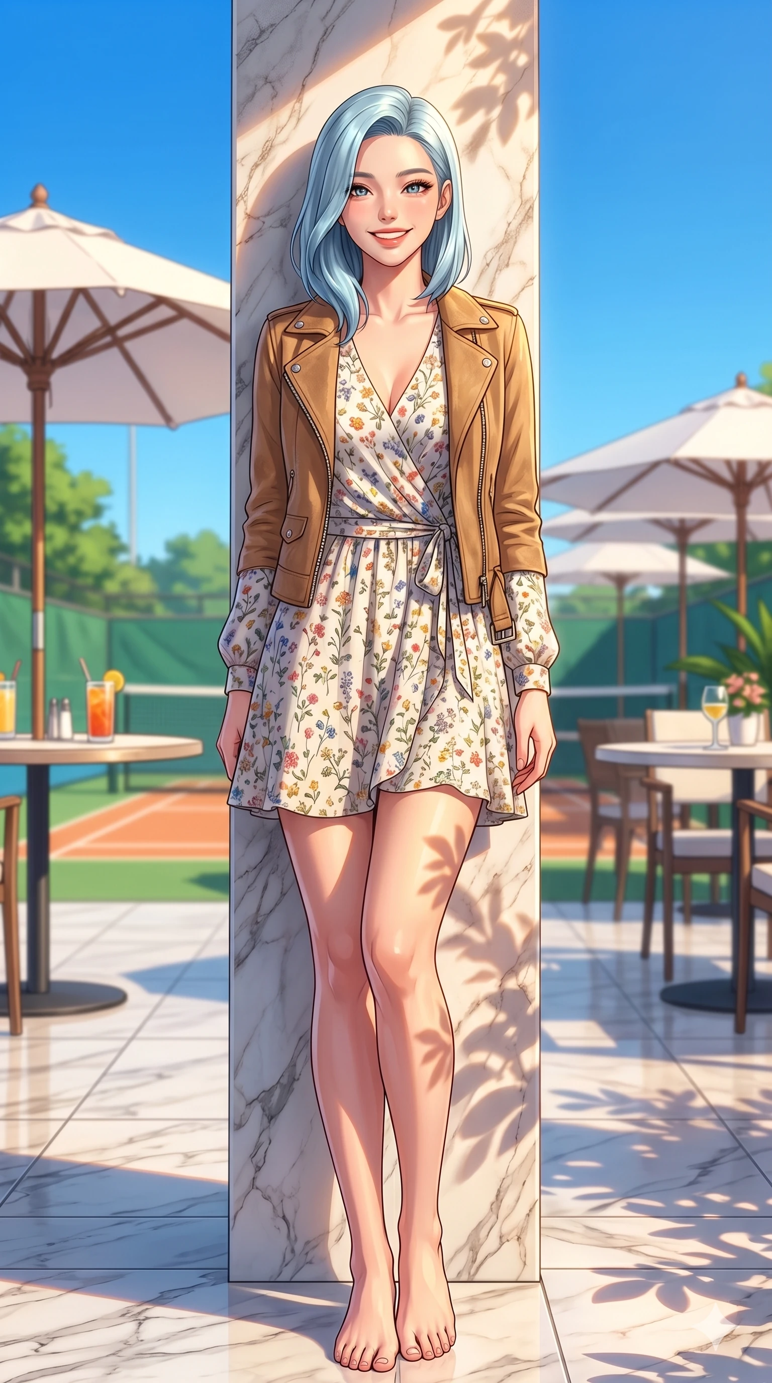 score_9, masterpiece, best quality, ultra-detailed, high-budget anime keyframe, vibrant anime aesthetic, Korean woman. low angle full-body shot from head to toe showing her feet, filling the entire 9:16 vertical frame with her statuesque presence, stretching her vertical silhouette. She is leaning against a marble pillar, casting a lively, smiling gaze at the lens by a high-end tennis club patio with white umbrellas under a brilliant sky (Code-P20-018). She has an absolutely perfect 8-heads proportion, an exceptionally tall and slender female figure with impossibly long slender legs and an ultra-slim waist. V-shaped jawline, high-bridge nose, intricate jewel-like eyes with depth, thick eyelashes, glossy lips with a natural sheen. wearing a floral print wrap dress with long sleeves and a suede jacket. She is drenched in warm afternoon sunbeams, casting soft garden shadows on her skin. 2k, ultra detail, master piece, 9:16 ratio