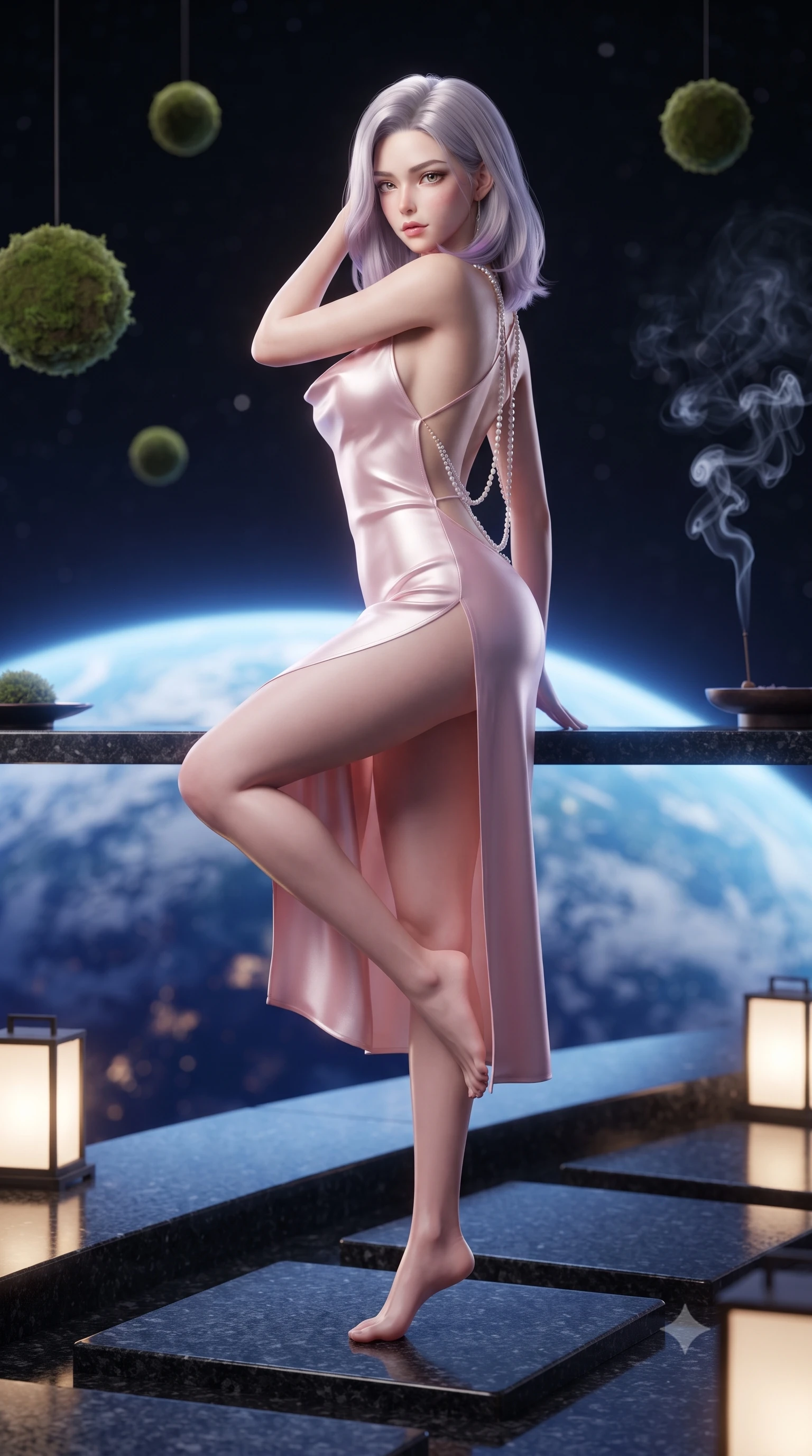 score_9, masterpiece, best quality, ultra-detailed, high-budget anime keyframe, editorial fashion photography, tasteful artistic composition, Caucasian woman. low angle full-body shot from head to toe showing her feet, filling the entire 9:16 vertical frame with her statuesque presence, stretching her vertical silhouette. sitting perched on the elevated edge with hips angled toward the camera and legs crossed, displaying her toned midriff and flawlessly sculpted slender limbs while standing poised on polished black granite stepping stones, twisting her slender torso in an alluring contrapposto stance in the cosmic stillness. The composition keeps background elements in soft focus with creamy bokeh. floating moss spheres and aromatic incense smoke curls softened in meditative shallow focus. She has an exceptionally tall and slender model-like 8.5-heads proportion, an ultra-slim waist, a flat toned midriff, narrow delicate ribcage, and beautifully sculpted feminine hips creating a graceful, slim hourglass silhouette without any bulky heaviness, with impossibly long slender legs. sharp v-shaped jawline, high-bridge nose, intricate jewel-like eyes with depth, thick eyelashes, glossy parted lips with a natural sheen, intensely captivating and seductive bedroom-eyes expression, flawlessly proportioned anatomical accuracy, strict slender model proportions, natural body alignment, perfectly sculpted long slender limbs, ultra-slim waistline, clean dynamic posture without body distortion. wearing a backless cowl-neck satin slip dress featuring high-cut side hip slits and delicate criss-cross back straps in sakura blossom pink and warm ivory, tailored from ultra-smooth duchess satin with a pearlescent sheen, accented with a multi-strand pearl back necklace cascading down her bare spine to her hips, the liquid-tight tailored fabric clinging flawlessly to her narrow waist and rounded feminine hips, emphasizing every millimeter of her sculpted slim hourglass curves without any bulky heaviness. bathed in pure, soft sapphire earth-shine from the massive planet below and warm hidden floor lantern glow. ultra-reflective glossy finish, specular highlights, rich textural contrasts, high-contrast stereoscopic depth, volumetric dynamic lighting, 2k, ultra detail, master piece, 9:16 ratio