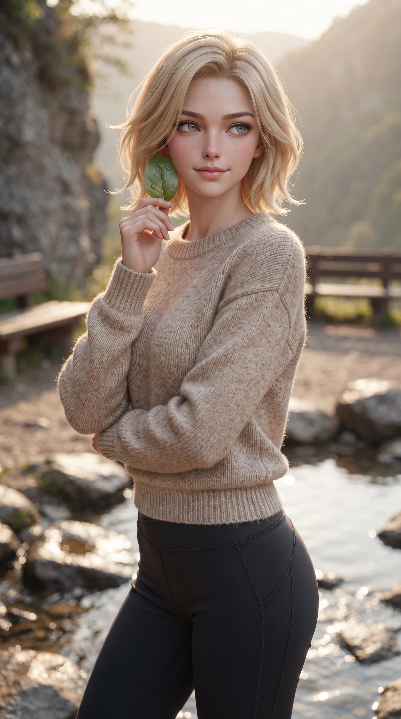 score_9, masterpiece, best quality, ultra-detailed, high-budget anime keyframe, editorial fashion photography, tasteful artistic composition, Caucasian woman. close-up cowboy shot from the waist and thighs up, the character dominates the composition, filling the frame with her large presence, background elements kept in soft focus. gazing past the camera with an alluring, daydreaming expression and a sweet half-smile set against a soft-focus background of at a rest area along a scenic valley hiking trail with wooden benches holding a smooth green leaf with a happy, refreshed expression. She has an exceptionally elegant, slender, and willowy female figure with an ultra-slim waist, a gracefully sculpted slender torso, and a refined silhouette. sharp v-shaped jawline, high-bridge nose, intricate jewel-like eyes with depth, thick eyelashes, glossy lips with a natural sheen. wearing tailored cozy knit sweater in oatmeal, paired with activewear pants. soft afternoon sunlight reflecting off the wet rocks and water pool. ultra-reflective glossy finish, specular highlights, metallic sheen, high-contrast stereoscopic depth, volumetric dynamic lighting, 2k, ultra detail, master piece, 9:16 ratio