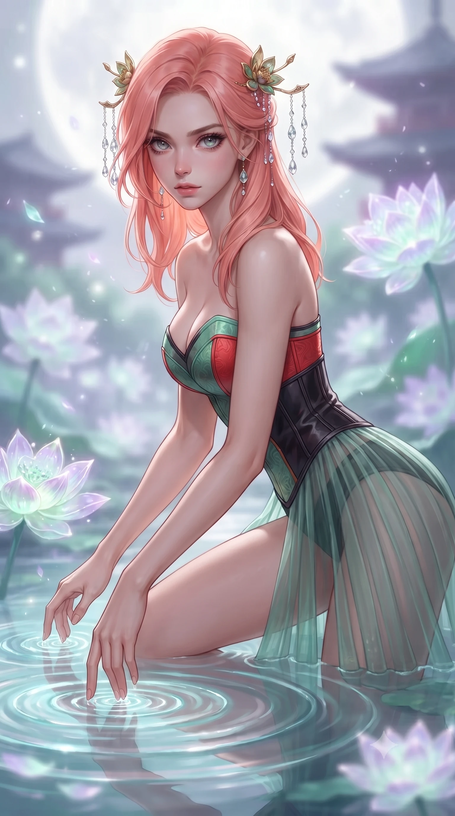score_9, masterpiece, best quality, ultra-detailed, high-budget anime keyframe, editorial fashion photography, tasteful artistic composition, Japanese woman. close-up cowboy shot from the waist and thighs up, the character dominates the composition, filling the frame with her large presence. radiating intense magnetic charisma with jewel-like eyes locked onto the viewer, her upper body turning in a dynamic, fluid S-curve while dipping her fingertips playfully into the crystal pond, sending luminescent ripple rings spreading through the water. The composition keeps background elements in soft focus with creamy bokeh. glowing holographic lotus flowers and distant pagoda rooflines blurred into ethereal jade, violet, and silver-white bokeh. She has an exceptionally elegant, slender, and willowy female figure with an ultra-slim waist, a gracefully sculpted slender torso, toned flat midriff, and a refined slim silhouette. sharp v-shaped jawline, high-bridge nose, intricate jewel-like eyes with depth, thick eyelashes, glossy lips with a natural sheen, captivating and magnetic expression, flawlessly proportioned anatomical accuracy, strict slender model proportions, natural body alignment, perfectly sculpted long slender limbs, ultra-slim waistline, clean dynamic posture without body distortion. wearing a sacred shrine maiden couture robe with sheer pleated chiffon skirt and structured scarlet corset top in jade green and dark obsidian, crafted from weightless prism organza that refracts light with every motion, finished with delicate golden lotus hairpins and dangling crystal beads, the breezy yet form-flattering drape swaying gracefully with her steps, accentuating her long willowy limbs and slim waistline. surrounded by an otherworldly, sacred, and breathtakingly pure moon goddess aura. ultra-reflective glossy finish, specular highlights, rich textural contrasts, high-contrast stereoscopic depth, volumetric dynamic lighting, 2k, ultra detail, master piece, 9:16 ratio