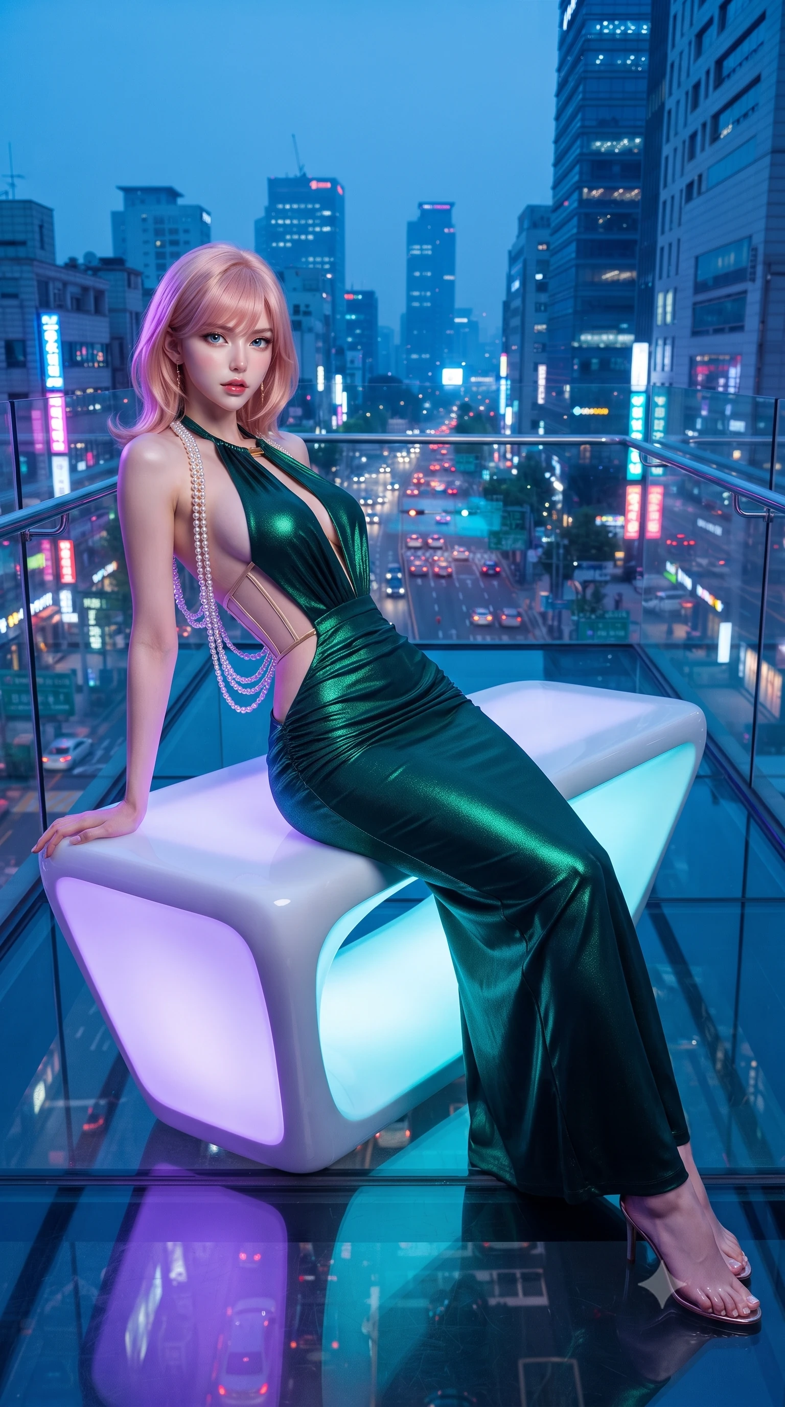 score_9, masterpiece, best quality, ultra-detailed, high-budget anime keyframe, editorial fashion photography, tasteful artistic composition, Japanese woman. low angle full-body shot from head to toe showing her feet, filling the entire 9:16 vertical frame with her statuesque presence, stretching her vertical silhouette. striding forward in a proud supermodel runway stride, hips swaying in an alluring kinetic rhythm that accentuates her curvy hourglass silhouette while reclining gracefully along an illuminated smart-composite bench within the glass skybridge, arching her slender spine to display her curvaceous hips against the panoramic neon haze. The surrounding environment is rendered in vivid detail and crisp panoramic clarity. detailed fabric sheen, neon reflection clarity, and vast Seoul metropolis horizon in high resolution. She has an exceptionally tall and slender model-like 8.5-heads proportion, an ultra-slim waist, a flat toned midriff, narrow delicate ribcage, and beautifully sculpted feminine hips creating a graceful, slim hourglass silhouette without any bulky heaviness, with impossibly long slender legs. sharp v-shaped jawline, high-bridge nose, intricate jewel-like eyes with depth, thick eyelashes, glossy parted lips with a natural sheen, intensely captivating and seductive bedroom-eyes expression, flawlessly proportioned anatomical accuracy, strict slender model proportions, natural body alignment, perfectly sculpted long slender limbs, ultra-slim waistline, clean dynamic posture without body distortion. wearing a plunging halter-neck metallic lamé column dress with a dramatic bare spine and hip-defining ruching in deep emerald green satin and gold hardware, made of fluid silk crepe with delicate inner corsetry boning, accented with a multi-strand pearl back necklace cascading down her bare spine to her hips, the glove-like aerodynamic silhouette tightly following the natural contour of her hips and long slender legs with statuesque 8.5-heads elegance. bathed in vibrant violet and cyan neon underlights contrasting with cool blue hour ambient sky fill. ultra-reflective glossy finish, specular highlights, rich textural contrasts, high-contrast stereoscopic depth, volumetric dynamic lighting, 2k, ultra detail, master piece, 9:16 ratio