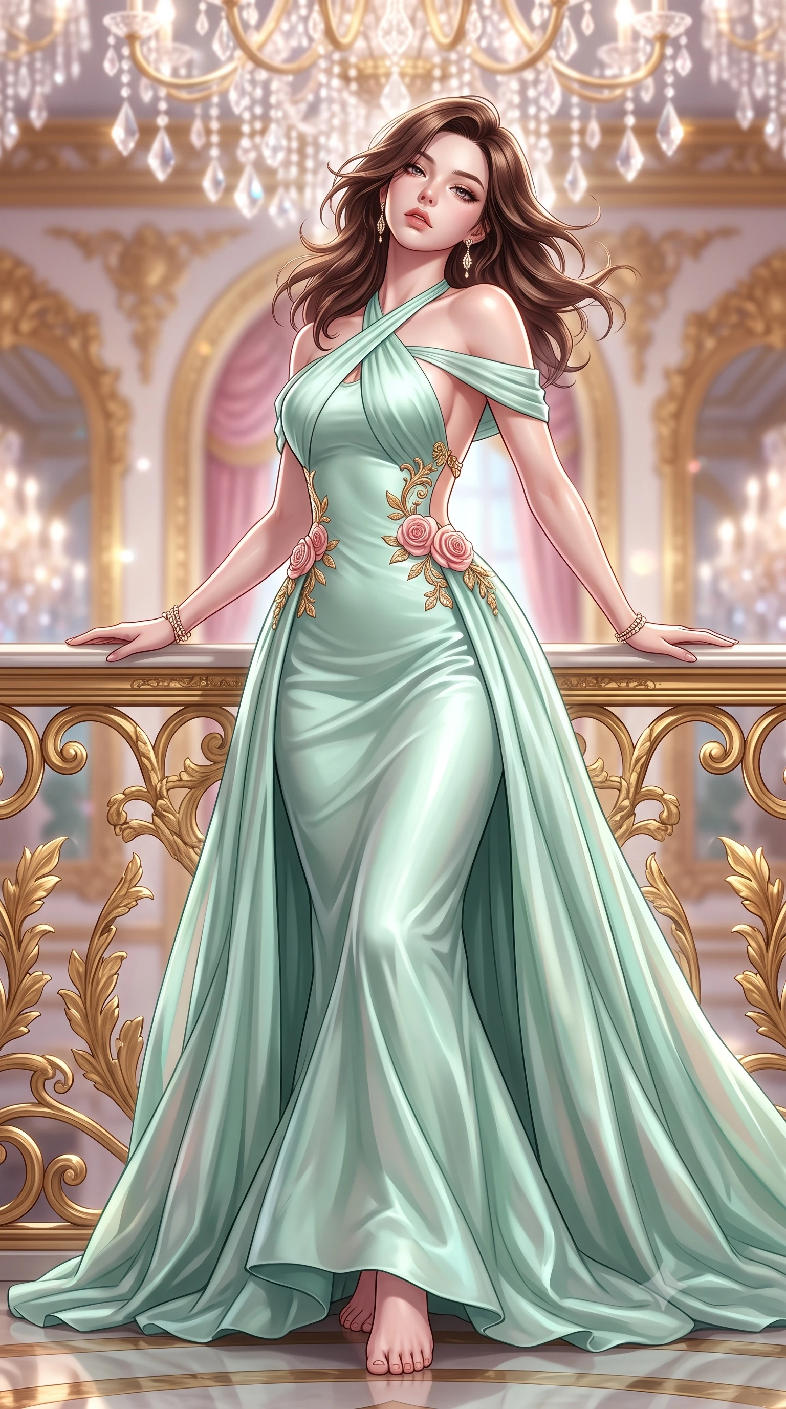 score_9, masterpiece, best quality, ultra-detailed, high-budget anime keyframe, semi-realistic 3D game render, editorial fashion photography, tasteful artistic composition, Korean woman. low angle full-body shot from head to toe showing her feet, filling the entire 9:16 vertical frame with her statuesque presence, stretching her vertical silhouette. striding forward in a proud supermodel runway stride, hips swaying in an alluring kinetic rhythm that accentuates her curvy hourglass silhouette while leaning back against an ornate gold-leaf balustrade under crystal chandeliers, head tilted back with bedroom-eyes locking onto the viewer. The composition keeps background elements in soft focus with creamy bokeh. infinite crystal chandelier prisms and gilded mirror arches blurred into radiant diamond, pastel rose, and gold-leaf bokeh. She has an absolutely perfect, statuesque 8.5-heads proportion, an exceptionally tall and slender model-like female figure with impossibly long slender legs, a toned flat midriff, an ultra-slim waist, and beautifully sculpted feminine hips. sharp v-shaped jawline, high-bridge nose, intricate jewel-like eyes with depth, thick eyelashes, glossy parted lips with a natural sheen, intensely captivating and seductive bedroom-eyes expression, flawlessly proportioned anatomical accuracy, strict slender model proportions, natural body alignment, perfectly sculpted long slender limbs, ultra-slim waistline, clean dynamic posture without body distortion. wearing an open-back mint-green silk chiffon ballgown with crossed halter straps and bare shoulders in rococo blush rose and polished gold leaf, tailored from ultra-smooth duchess satin with a pearlescent courtly sheen, finished with a dramatic open back secured by golden filigree clasps, the form-contouring material adhering flawlessly to her sculpted flat midriff and slender torso, emphasizing her long leg lines and perfectly proportioned willowy build. surrounded by an aristocratic, scandalous, and breathlessly mesmerizing imperial duchess aura. highly saturated vibrant anime colors, detailed shading with soft gradients, rich glossy textures, high-contrast stereoscopic depth, volumetric dynamic lighting, master piece, 9:16 ratio