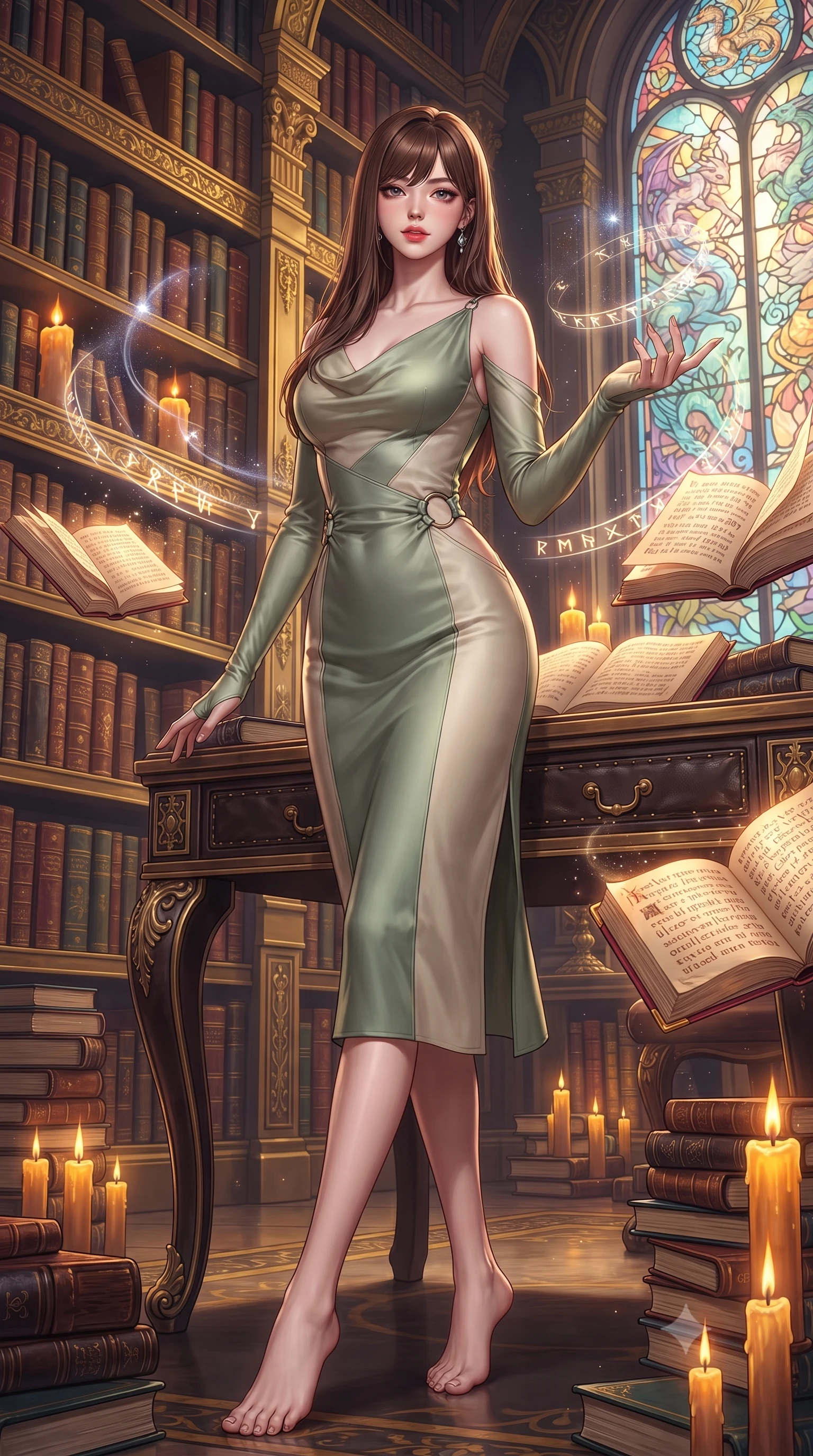 score_9, masterpiece, best quality, ultra-detailed, high-budget anime keyframe, editorial fashion photography, tasteful artistic composition, Korean woman. low angle full-body shot from head to toe showing her feet, filling the entire 9:16 vertical frame with her statuesque presence, stretching her vertical silhouette. interacting gracefully with the magical floating elements while maintaining a confident posture resting against an ornate leather reading desk amidst glowing spell folios, thousands of antique leather-bound books stacked along majestic golden shelves. She has an absolutely perfect, statuesque 8.5-heads proportion, an exceptionally tall and slender model-like female figure with impossibly long slender legs and an ultra-slim waist. sharp v-shaped jawline, high-bridge nose, intricate jewel-like eyes with depth, thick eyelashes, glossy lips with a natural sheen. wearing an elegant cowl-neck satin midi dress with a draped neckline in sage green and oatmeal, made of fine carbon-fiber weave and soft matte leather, accented with delicate chrome ring hardware framing her waist, the glove-like fit emphasizing her statuesque silhouette. illuminated by rich amber candlelight and majestic stained glass highlights. highly saturated vibrant anime colors, detailed shading with soft gradients, rich glossy textures, high-contrast stereoscopic depth, volumetric dynamic lighting, master piece, 9:16 ratio