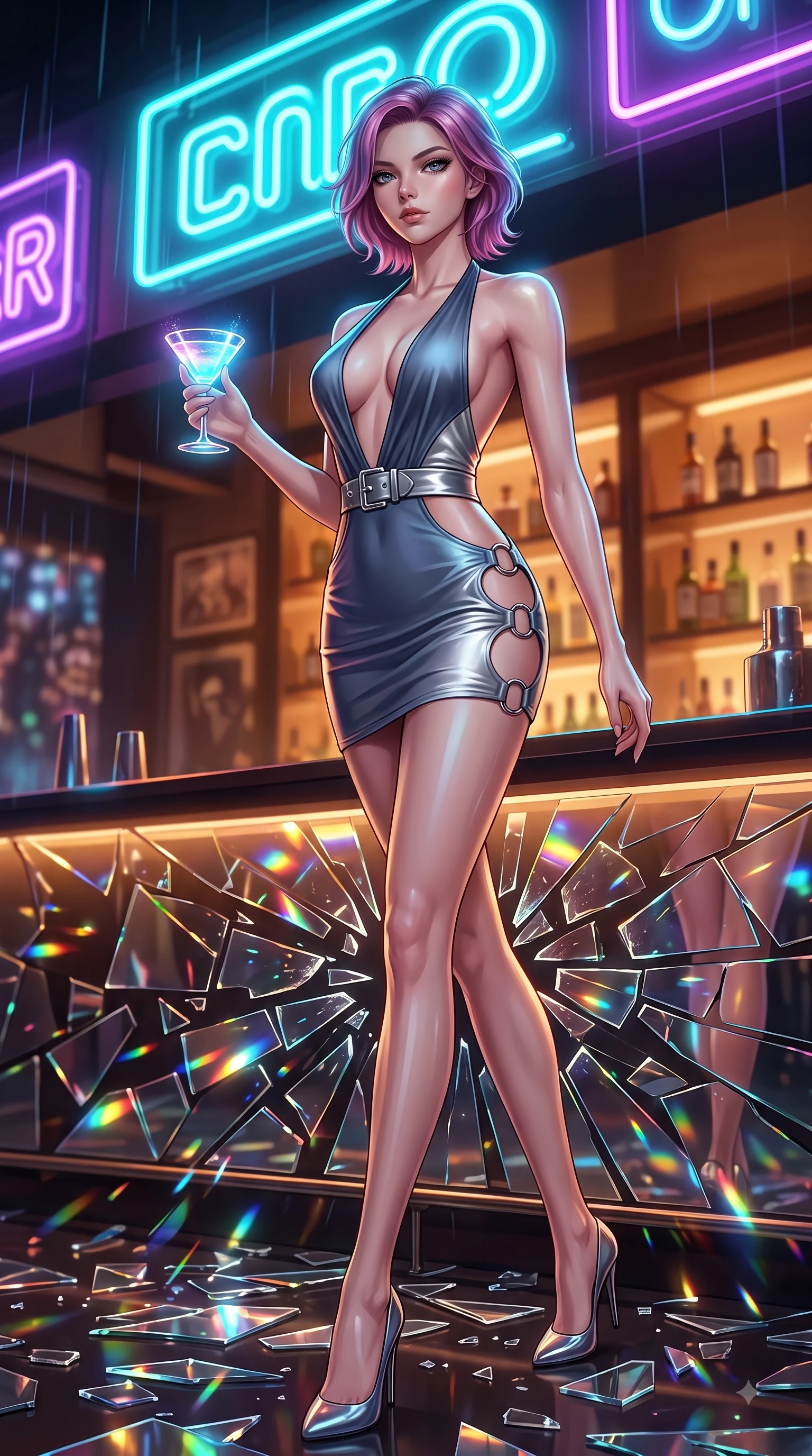 score_9, masterpiece, best quality, ultra-detailed, high-budget anime keyframe, editorial fashion photography, tasteful artistic composition, Caucasian woman. low angle full-body shot from head to toe showing her feet, filling the entire 9:16 vertical frame with her statuesque presence, stretching her vertical silhouette. forging dynamically through the scene with her long slender legs and ultra-slim waist creating a sweeping curve while holding a glowing translucent cocktail glass under vibrant cyan and purple neon signs at night, shattered mirror bar fragments scattering brilliant rainbow specular highlights. She has an absolutely perfect, statuesque 8.5-heads proportion, an exceptionally tall and slender model-like female figure with impossibly long slender legs and an ultra-slim waist. sharp v-shaped jawline, high-bridge nose, intricate jewel-like eyes with depth, thick eyelashes, glossy lips with a natural sheen, flawlessly proportioned anatomical accuracy, natural body alignment, perfectly sculpted elegant limbs, clean dynamic posture without body distortion. wearing a deep-scoop halter bodycon dress with hip cutouts connected by silver rings in slate blue and metallic silver, crafted from smooth liquid silk, detailed with polished silver buckles along the waistline, the form-contouring material highlighting her ultra-slim waist and long lines. illuminated by warm indoor bar amber light and cool rainy blue neon rim light. ultra-reflective glossy finish, specular highlights, metallic sheen, high-contrast stereoscopic depth, volumetric dynamic lighting, 2k, ultra detail, master piece, 9:16 ratio