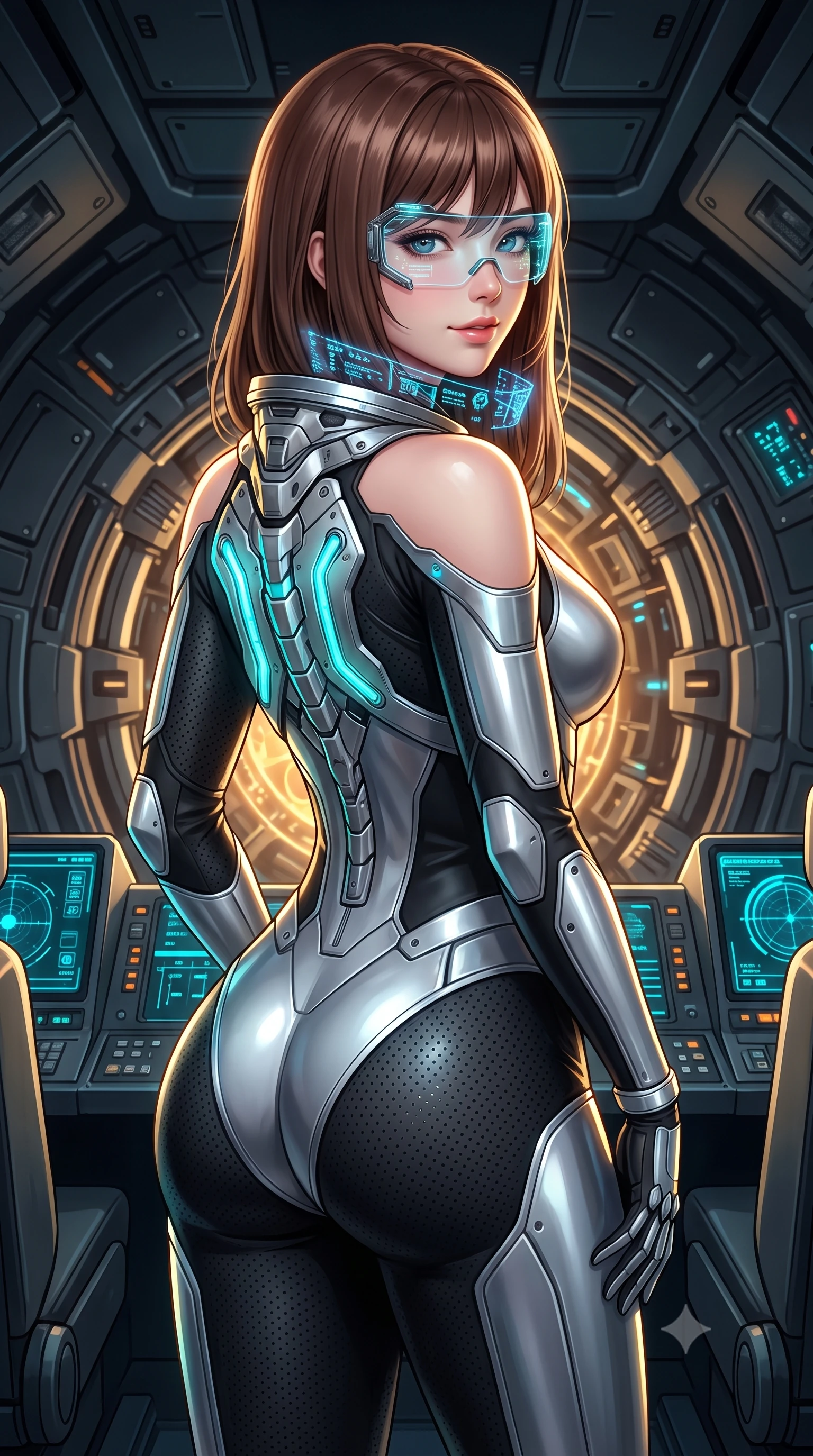 score_9, masterpiece, best quality, ultra-detailed, high-budget anime keyframe, semi-realistic 3D game render, editorial fashion photography, tasteful artistic composition, Korean woman. close-up cowboy shot from the waist and thighs up, the character dominates the composition, filling the frame with her large presence. posing in an alluring rear three-quarter angle, turning over a bare shoulder with an intoxicating gaze, her hips cocked back to highlight her slim hourglass curve against the glowing reactor while standing poised between flight consoles with hips cocked back, looking into the lens with fearless bedroom-eyes through a holographic HUD visor. The surrounding environment is rendered in vivid detail and crisp panoramic clarity: detailed flight suit texture, specular solar highlights on helmet collar, and spacecraft interior precision in high resolution. She has an exceptionally elegant, slender, and willowy female figure with an ultra-slim waist, flat toned midriff, narrow ribcage, and sculpted feminine hips creating an alluring, slim hourglass silhouette without bulk. sharp v-shaped jawline, high-bridge nose, intricate jewel-like sparkling eyes with depth, thick eyelashes, glossy parted lips with a natural sheen, bright confident smile with an enchanting and coquettish sensual glint, exuding both youthful magnetic charm and sovereign high-tech allure, flawlessly proportioned anatomical accuracy, strict slender model proportions, natural body alignment, perfectly sculpted long slender limbs, ultra-slim waistline, clean dynamic posture without body distortion. wearing a form-contouring exo-suit chassis with glowing cyan hydraulic spine braces worn over an ultra-slim bodysuit in liquid chrome silver and pitch black, made of high-grade ballistic nylon with precision laser-cut perforations, complemented by a high-tech holographic choker projecting miniature glyphs, the high-waisted tailoring accentuating her ultra-slim waistline and the enchanting curve of her feminine hips with alluring dark charm. illuminated by instrument panel cyan bounce and sharp golden rim lights sculpting her sculpted collarbones, ultra-slim waist, and curvy hips. highly saturated vibrant anime colors, detailed shading with soft gradients, rich glossy textures, high-contrast stereoscopic depth, volumetric dynamic lighting, master piece, 9:16 ratio