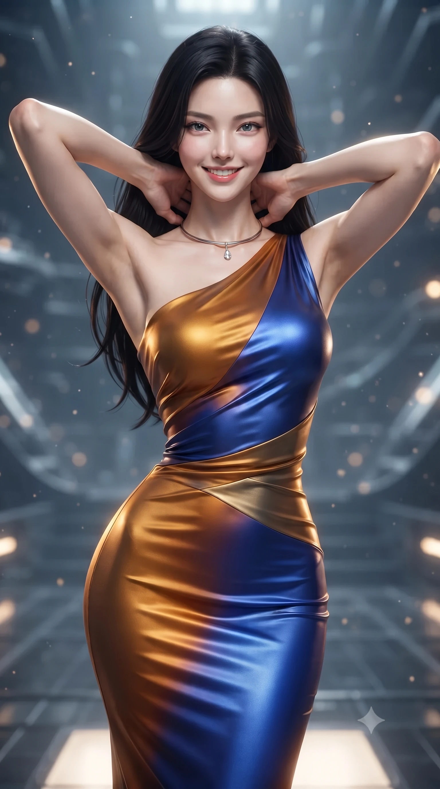score_9, masterpiece, best quality, ultra-detailed, high-budget anime keyframe, editorial fashion photography, tasteful artistic composition, Korean woman. close-up cowboy shot from the waist and thighs up, the character dominates the composition, filling the frame with her large presence. resting both hands lightly behind her neck with elbows raised, arching her spine to highlight her narrow waist, flat midriff, and breathtaking collarbones while twisting her slender torso in an alluring contrapposto stance, blinding solar flare coronas casting golden brilliance across her narrow waist and curvy hips. The background shows a soft-focus ambient atmospheric particulate glow softened in deep-space Dyson structure shallow focus. She has an exceptionally elegant, slender, and willowy female figure with an ultra-slim waist, flat toned midriff, narrow ribcage, and sculpted feminine hips creating an alluring, slim hourglass silhouette without bulk. sharp v-shaped jawline, high-bridge nose, intricate jewel-like sparkling eyes with depth, thick eyelashes, glossy parted lips with a natural peach sheen, bright cheerful beaming smile with an enchanting and coquettish sensual glint, exuding both youthful cute charm and seductive allure, flawlessly proportioned anatomical accuracy, strict slender model proportions, natural body alignment, perfectly sculpted long slender limbs, ultra-slim waistline, clean dynamic posture without body distortion. wearing a form-fitting liquid mercury jersey evening dress clinging smoothly to her narrow waist and rounded hips in Jovian amber and electric storm cobalt, crafted from bespoke double-faced cashmere with an exceptionally soft tactile finish, finished with a minimalist chrome choker and a single teardrop diamond pendant, the bespoke structured tailoring following the natural line of her 8.5-heads silhouette with refined elegance. illuminated by floor panel reflection bounce and intense solar-gold rim lights defining her razor-sharp jawline, narrow waist, and curvy hips. ultra-reflective glossy finish, specular highlights, rich textural contrasts, high-contrast stereoscopic depth, volumetric dynamic lighting, 2k, ultra detail, master piece, 9:16 ratio