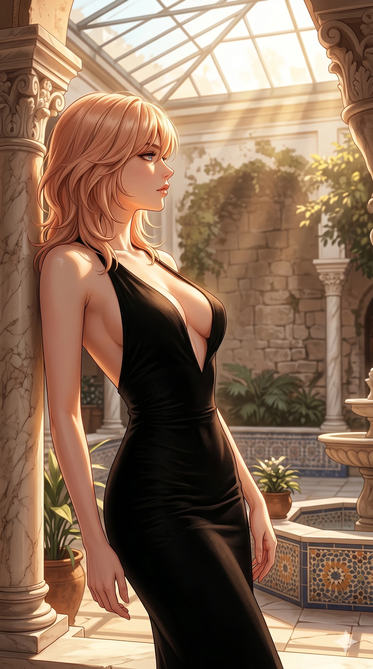 score_9, masterpiece, best quality, ultra-detailed, high-budget anime keyframe, editorial fashion photography, tasteful artistic composition, Japanese woman. cowboy shot from the thighs up, character and outfit filling the frame for maximum editorial presence. posing with quiet magnetic self-assurance, her face turned in a sharp profile against the golden light leaning against a marble column in a sun-drenched private courtyard of an old Spanish hacienda (Code-P096). She has an absolutely perfect 8-heads proportion, an exceptionally tall and slender female figure with impossibly long slender legs and an ultra-slim waist. V-shaped jawline, high-bridge nose, intricate jewel-like eyes with depth, thick eyelashes, glossy lips with a natural sheen. wearing a sleek form-fitting black bodycon dress with a dramatic plunging neckline and bare shoulders. drenched in soft morning sunbeams filtering through the glass roof, highlighting her delicate clavicle. 2k, ultra detail, master piece, 9:16 ratio