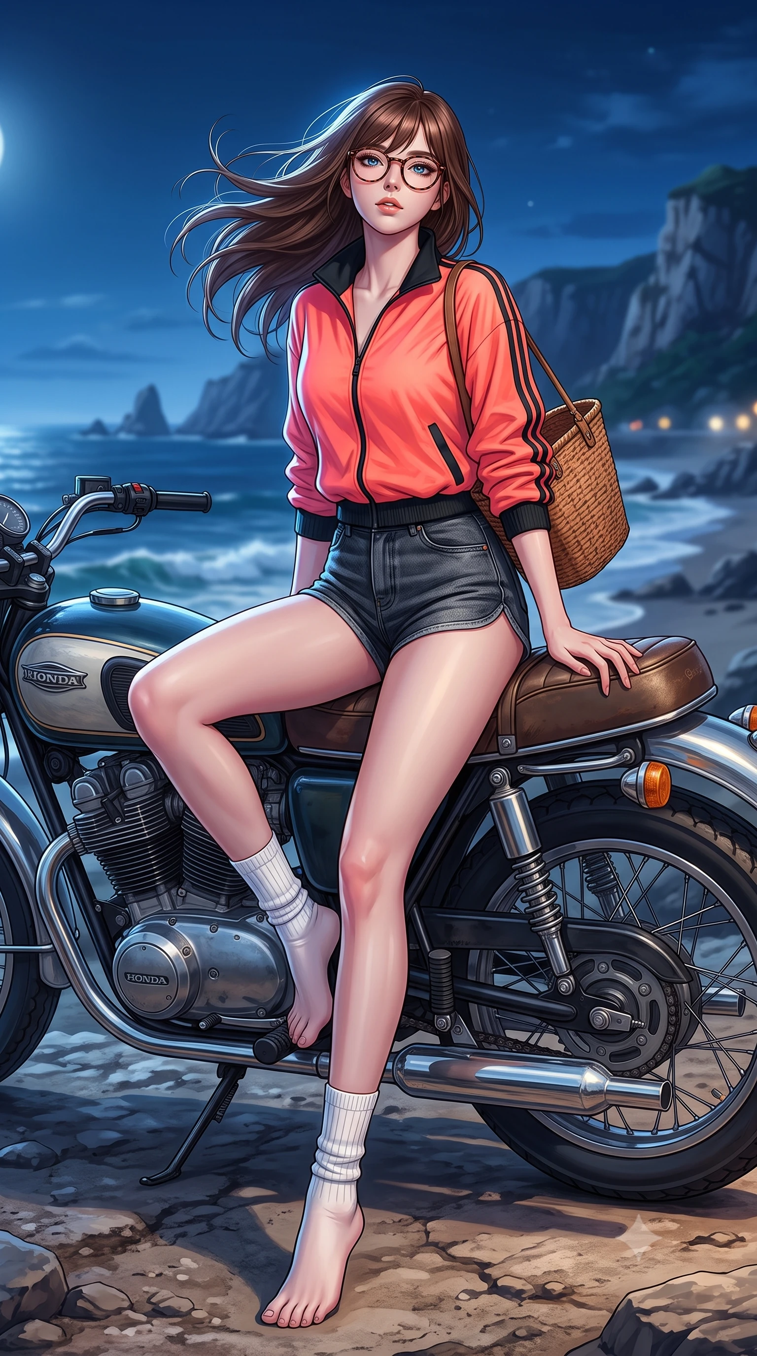 score_9, masterpiece, best quality, ultra-detailed, high-budget anime keyframe, semi-realistic 3D game render, editorial fashion photography, tasteful artistic composition, Korean woman. low angle full-body shot from head to toe showing her feet, filling the entire 9:16 vertical frame with her statuesque presence, stretching her vertical silhouette. landing lightly on the balls of her feet in a balanced kinetic stance, eyes locked onto the camera with fearless allure while sitting on the leather seat of an open-top classic cruiser, head tilted back as ocean breeze tangles her hair. The surrounding environment is rendered in vivid detail and crisp panoramic clarity. high-contrast midnight coastal chiaroscuro and classic 80s grand touring romance in precision. She has an absolutely perfect, statuesque 8.5-heads proportion, an exceptionally tall and slender model-like female figure with impossibly long slender legs, a toned flat midriff, and an ultra-slim waist. sharp v-shaped jawline, high-bridge nose, intricate jewel-like eyes with depth, thick eyelashes, glossy lips with a natural sheen, captivating and magnetic expression, flawlessly proportioned anatomical accuracy, strict slender model proportions, natural body alignment, perfectly sculpted long slender limbs, ultra-slim waistline, clean dynamic posture without body distortion. wearing a sporty 80s retro track jacket paired with high-waisted dolphin running shorts and tube socks in retro neon coral and washed black denim, made of premium heavyweight washed denim and breathable cotton poplin, accessorized with a rustic woven wicker basket bag and round tortoiseshell glasses, the liquid-tight tailored fabric emphasizing every curve of her tall, slender model proportions and sculptured silhouette during dynamic movement. illuminated by crisp metallic reflections tracing her ultra-slim waistline, collarbones, and long legs. highly saturated vibrant anime colors, detailed shading with soft gradients, rich glossy textures, high-contrast stereoscopic depth, volumetric dynamic lighting, master piece, 9:16 ratio