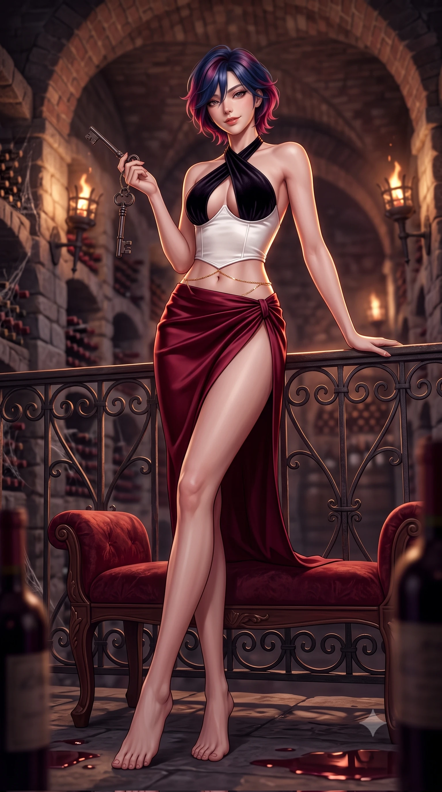 score_9, masterpiece, best quality, ultra-detailed, high-budget anime keyframe, semi-realistic 3D game render, editorial fashion photography, tasteful artistic composition, Korean woman. low angle full-body shot from head to toe showing her feet, filling the entire 9:16 vertical frame with her statuesque presence, stretching her vertical silhouette. leaning deep against the balcony balustrade with hips cocked back in an unapologetically alluring high-fashion stance, casting an intoxicating glance while perched sideways on an antique velvet bench with legs extended, holding a vintage key with dangerous coquettish cool. The background shows a soft-focus rows of cobwebbed wine bottles in stone alcoves, flickering iron wall braziers, and vaulted brick arches blurred into burgundy, bronze, and charcoal bokeh. She has an absolutely perfect, statuesque 8.5-heads proportion, an exceptionally tall and slender model-like female figure with impossibly long slender legs, an ultra-slim waist, a flat toned midriff, narrow delicate ribcage, and beautifully sculpted feminine hips creating a graceful, slim hourglass silhouette without any bulky heaviness. sharp v-shaped jawline, high-bridge nose, sparkling eyes with hypnotic seductive depth, thick curled eyelashes, glossy parted lips with a natural dewy peach sheen, alluring bedroom-eyes with an enchanting coquettish smile, exuding magnetic siren charisma and sophisticated glamour, flawlessly proportioned anatomical accuracy, strict slender model proportions, natural body alignment, perfectly sculpted long slender limbs, ultra-slim waistline, clean dynamic posture without body distortion. wearing a high-waisted dark crimson satin wrap sarong skirt with hip-high slit paired with a plunging criss-cross halter corset in high-contrast minimalist monochrome black and pure alabaster white, tailored from ultra-plush velvet with rich tactile depth and deep shadow gradients, accented with a dainty gold belly chain resting across her flat midriff and curving hips, the form-contouring silhouette accentuating her sculpted flat midriff, narrow delicate ribcage, and gracefully curvy hips with intoxicating allure. illuminated by wine puddle specular bounce and sharp warm-amber rim lights sculpting her jawline, flat midriff, and voluptuous hip curves. highly saturated vibrant anime colors, detailed shading with soft gradients, rich glossy textures, high-contrast stereoscopic depth, volumetric dynamic lighting, master piece, 9:16 ratio