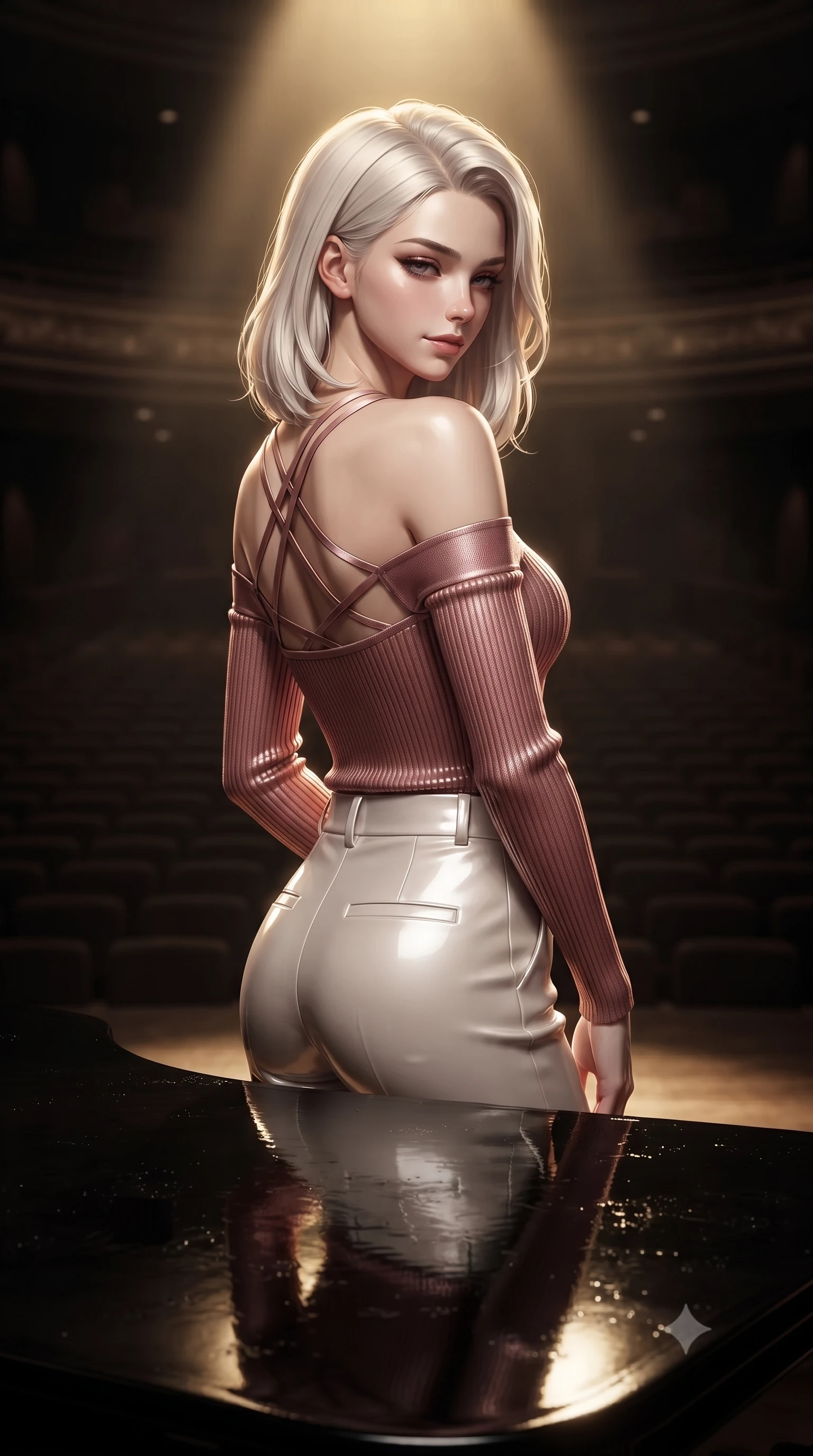 score_9, masterpiece, best quality, ultra-detailed, high-budget anime keyframe, editorial fashion photography, tasteful artistic composition, Caucasian woman. close-up cowboy shot from the waist and thighs up, the character dominates the composition, filling the frame with her large presence, background elements kept in soft focus. Glancing sidelong over her shoulder with a smoldering half-smile and heavy lashes poised before a vast empty auditorium illuminated by a single dramatic spotlight, ultra-glossy ebony piano lacquer reflecting the spotlight and her silhouette. She has an exceptionally elegant, slender, and willowy female figure with an ultra-slim waist, a gracefully sculpted slender torso, and a refined silhouette. sharp v-shaped jawline, high-bridge nose, intricate jewel-like eyes with depth, thick eyelashes, glossy lips with a natural sheen. wearing a sleek off-shoulder ribbed knit top paired with high-waist tailored pants in pearl white and rose gold, tailored from high-gloss patent leather, complemented by criss-cross back straps highlighting her bare shoulders, the form-contouring material highlighting her ultra-slim waist and long lines. bathed in a single dramatic golden spotlight with rich chiaroscuro shadows. ultra-reflective glossy finish, specular highlights, metallic sheen, high-contrast stereoscopic depth, volumetric dynamic lighting, 2k, ultra detail, master piece, 9:16 ratio