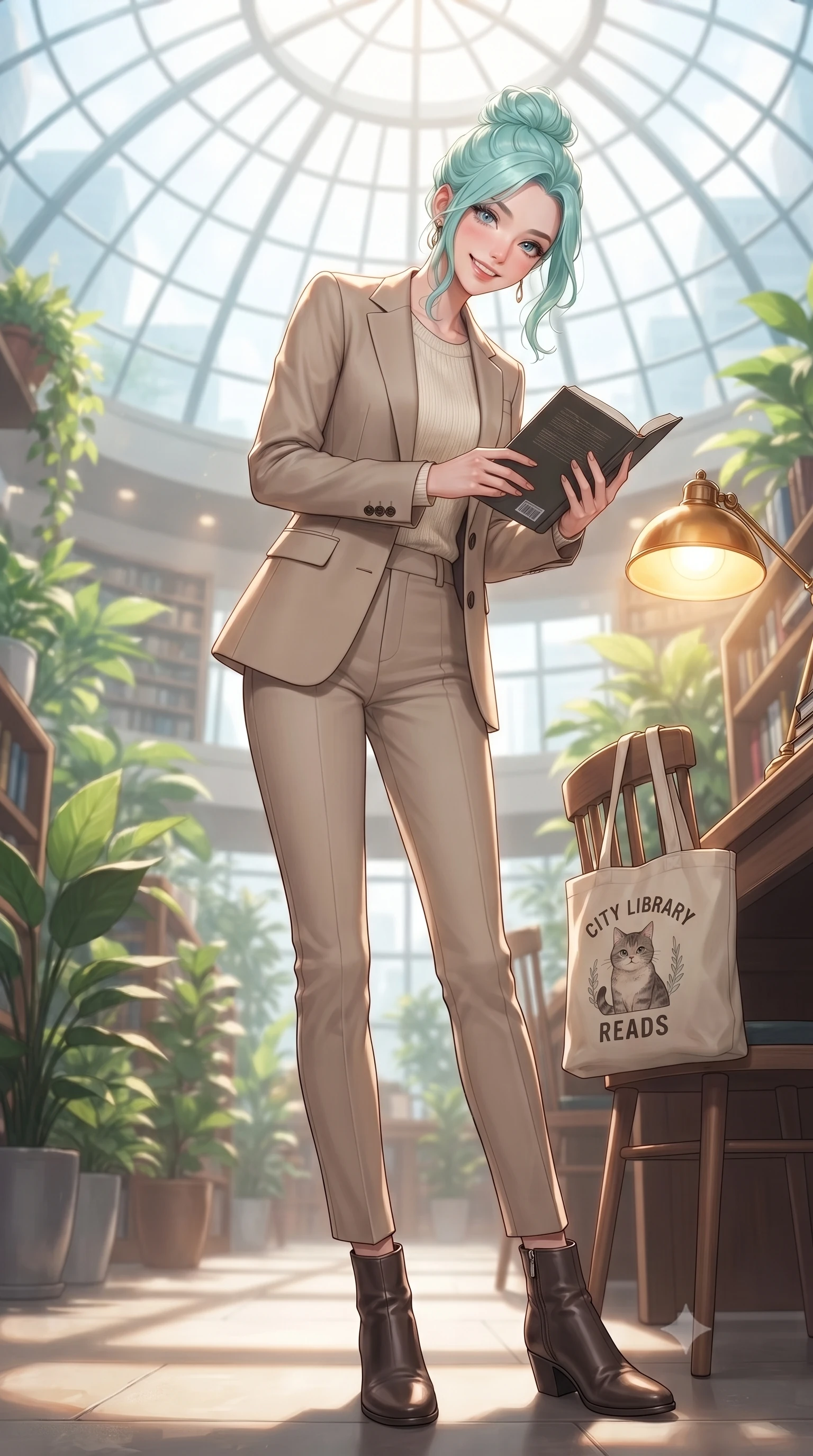 score_9, masterpiece, best quality, ultra-detailed, high-budget anime keyframe, editorial fashion photography, tasteful artistic composition, Japanese woman. low angle full-body shot from head to toe showing her feet, filling the entire 9:16 vertical frame with her statuesque presence, stretching her vertical silhouette. standing with a cute, bright pose, tilting her head with a beaming smile set against a soft-focus background of inside a modern city library under a huge glass dome ceiling with leafy plants with a cute canvas book tote bag sitting on the chair next to her. She has an absolutely perfect, statuesque 8.5-heads proportion, an exceptionally tall and slender model-like female figure with impossibly long slender legs and an ultra-slim waist. sharp v-shaped jawline, high-bridge nose, intricate jewel-like eyes with depth, thick eyelashes, glossy lips with a natural sheen. wearing slim-fit sleek tailored blazer in beige, worn closed over a slim-fit knit top and slim trousers. soft reading lamp light casting a warm, concentrated golden glow on her book. ultra-reflective glossy finish, specular highlights, metallic sheen, high-contrast stereoscopic depth, volumetric dynamic lighting, 2k, ultra detail, master piece, 9:16 ratio