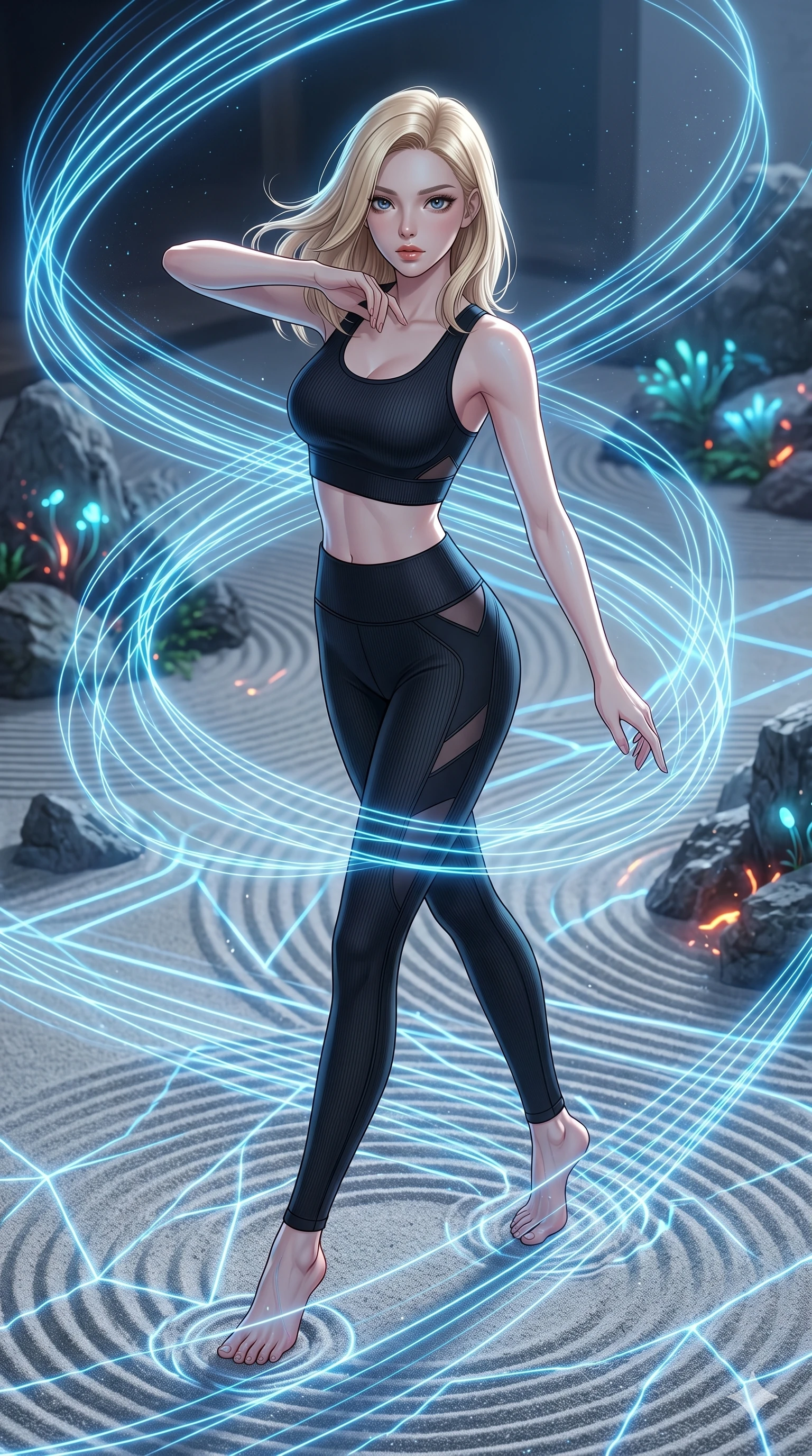 score_9, masterpiece, best quality, ultra-detailed, high-budget anime keyframe, editorial fashion photography, tasteful artistic composition, Korean woman. low angle full-body shot from head to toe showing her feet, filling the entire 9:16 vertical frame with her statuesque presence, stretching her vertical silhouette. swirling in a vortex of in a zen rock garden where the sand patterns are drawn by moving laser lines as neon blue fluid lines follow her path like light trails. She has an absolutely perfect 8-heads proportion, an exceptionally tall and slender female figure with impossibly long slender legs and an ultra-slim waist. V-shaped jawline, high-bridge nose, intricate jewel-like eyes with depth, thick eyelashes, glossy lips with a natural sheen.. wearing a sleek ribbed-knit athleisure set, featuring sculpted matte black athletic top and high-waist leggings with tonal geometric cutout accents at the sides. enhanced by the soft inner light of bioluminescent flora and neon embers in the background. 2k, ultra detail, master piece, 9:16 ratio