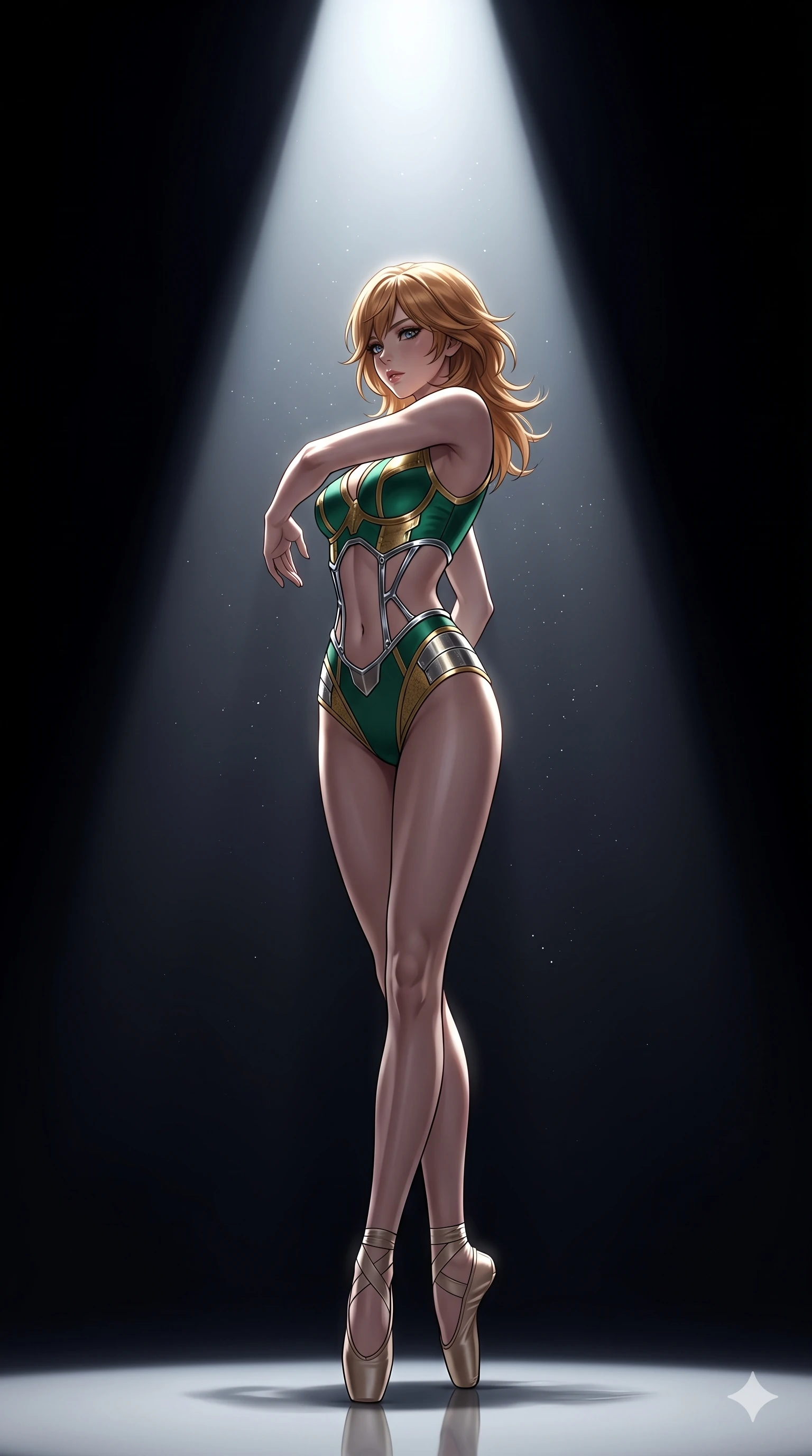 score_9, masterpiece, best quality, ultra-detailed, high-budget anime keyframe, editorial fashion photography, tasteful artistic composition, Korean woman. low angle full-body shot from head to toe showing her feet, filling the entire 9:16 vertical frame with her statuesque presence, stretching her vertical silhouette. twirling with balletic elegance inside a pure dramatic infinite black void with nothing but a single powerful cinematic spotlight creating a perfect cone of light and stark absolute contrast between illumination and total darkness. She has a statuesque 8.5-heads proportion, an exceptionally tall, slender and willowy model-like build with impossibly long legs and a highly sculpted ultra-slim waist. sharp v-shaped jawline, high-bridge nose, intricate jewel-like eyes with depth, thick eyelashes, glossy lips with a natural sheen. wearing a high-cut bodysuit in emerald green and gold, with metallic plate accents and an exposed midriff section framed by chrome boning. a single intense white spotlight from directly above creating dramatic fall-off into complete darkness with sharp-edged light cone and volumetric dust particles visible in the beam. 2k, ultra detail, master piece, 9:16 ratio