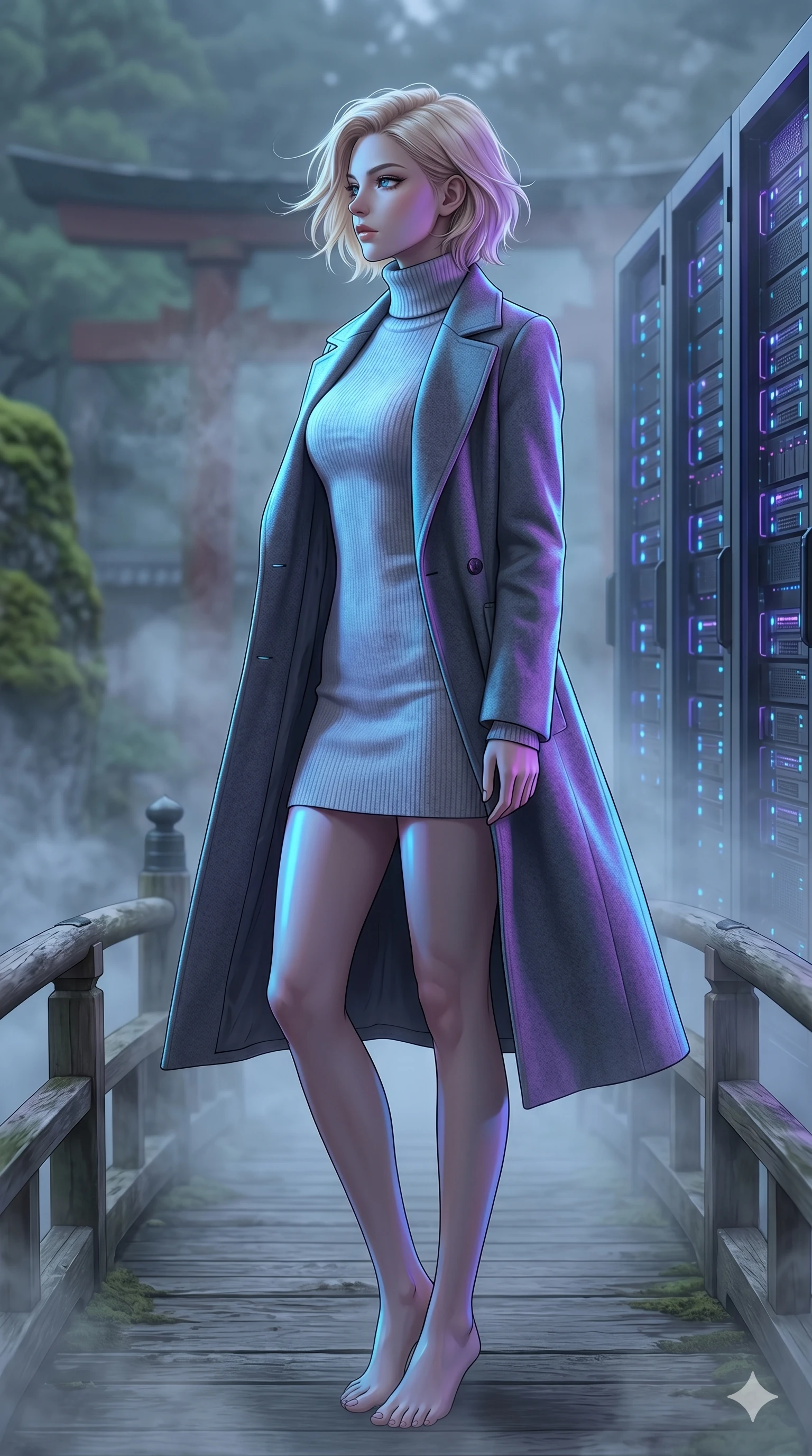 score_9, masterpiece, best quality, ultra-detailed, high-budget anime keyframe, editorial fashion photography, tasteful artistic composition, Caucasian woman, strictly human ears. cowboy shot from the thighs up, character and outfit filling the frame for maximum editorial presence. standing tall, her face turned in profile to catch the wind, with a composed expression on a wooden bridge in a traditional Japanese garden with mist rising (Code-P17-036). She has an absolutely perfect 8-heads proportion, an exceptionally tall and slender female figure with impossibly long slender legs and an ultra-slim waist. V-shaped jawline, high-bridge nose, intricate jewel-like eyes with depth, thick eyelashes, glossy lips with a natural sheen. wearing a cozy high-neck turtleneck dress under a long tailored wool coat. neon blue and violet light from the servers casting sharp specular highlights on her outfit. 2k, ultra detail, master piece, 9:16 ratio