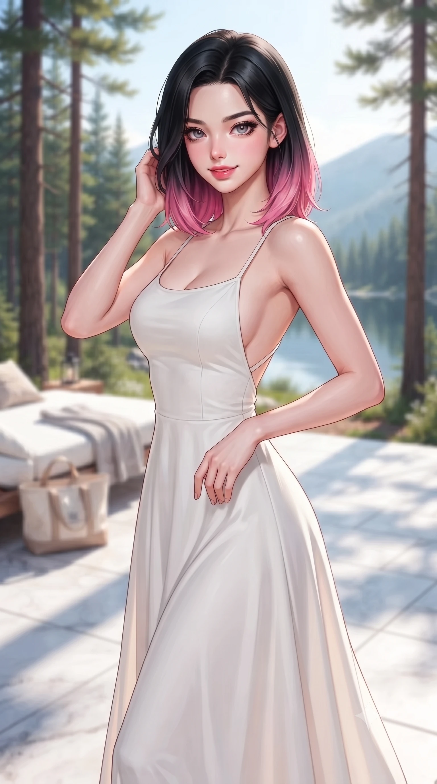 score_9, masterpiece, best quality, ultra-detailed, high-budget anime keyframe, editorial fashion photography, tasteful artistic composition, Korean woman. close-up cowboy shot from the waist and thighs up, the character dominates the composition, filling the frame with her large presence, background elements kept in soft focus. smiling cutely with an air of effortless superiority and magnetic charm set against a soft-focus background of on a cozy glamping deck surrounded by tall pine trees and a quiet mountain lake with a soft linen beach towel and a cute canvas tote bag nearby. She has an exceptionally elegant, slender, and willowy female figure with an ultra-slim waist, a gracefully sculpted slender torso, and a refined silhouette. sharp v-shaped jawline, high-bridge nose, intricate jewel-like eyes with depth, thick eyelashes, glossy lips with a natural sheen. wearing form-contouring backless cotton sundress in white, featuring delicate straps and a long flowing skirt. bright midday sun casting crisp, clean shadows on the white stone deck. highly saturated vibrant anime colors, detailed shading with soft gradients, rich glossy textures, high-contrast stereoscopic depth, volumetric dynamic lighting, master piece, 9:16 ratio