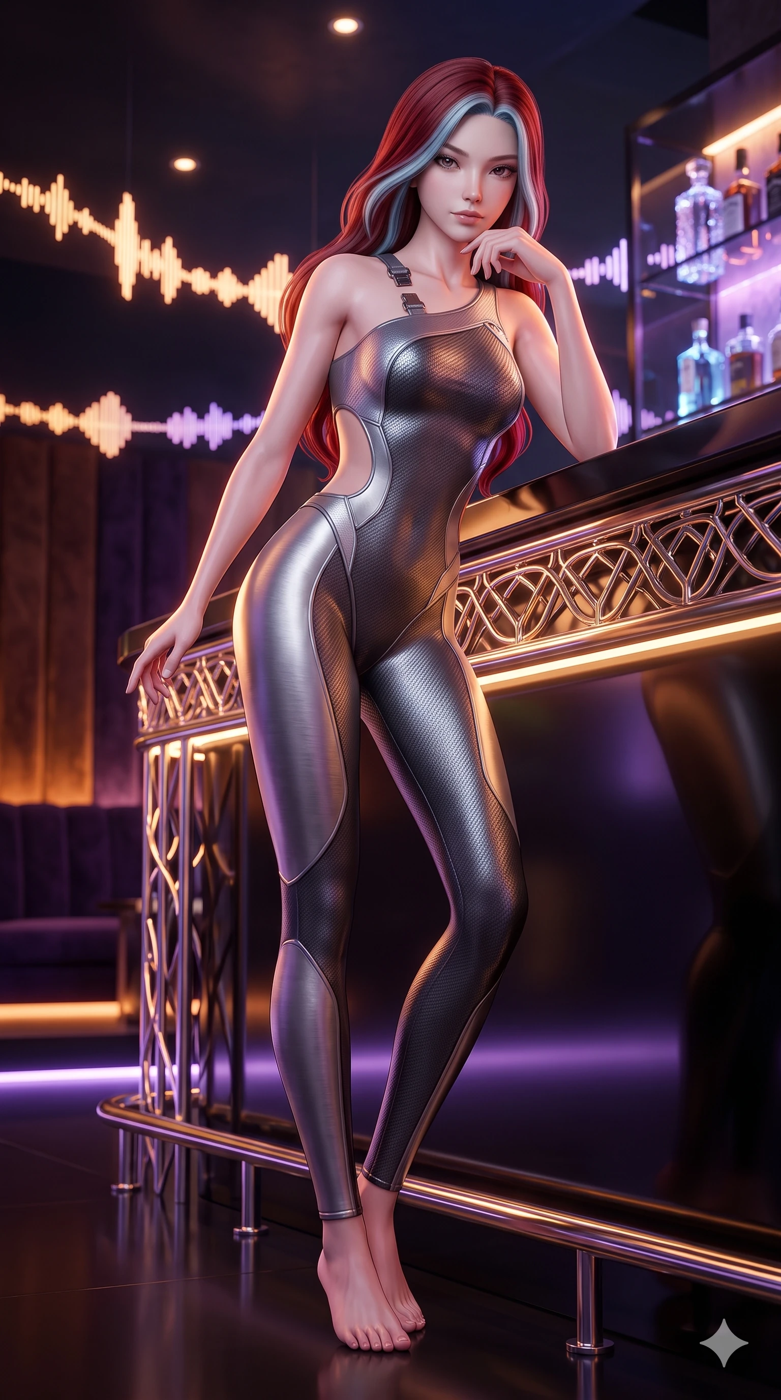 score_9, masterpiece, best quality, ultra-detailed, high-budget anime keyframe, semi-realistic 3D game render, editorial fashion photography, tasteful artistic composition, Caucasian woman. low angle full-body shot from head to toe showing her feet, filling the entire 9:16 vertical frame with her statuesque presence, stretching her vertical silhouette. standing in a tall, confident posture with one hand on a glowing metal railing, stretching her statuesque body as she arches her lower back to emphasize her sculpted feminine hips and slender waist while leaning against the mirror-polished counter with hips cocked back, resting her chin on one hand while casting an alluring bedroom-gaze into the camera. The background shows a soft-focus floating illuminated soundwave ribbon visualizers, illuminated crystal liquor displays, and velvet acoustic panels blurred into amber, amethyst, and charcoal bokeh. She has an absolutely perfect, statuesque 8.5-heads proportion, an exceptionally tall and slender model-like female figure with impossibly long slender legs, an ultra-slim waist, a flat toned midriff, narrow delicate ribcage, and beautifully sculpted feminine hips creating a graceful, slim hourglass silhouette without any bulky heaviness. sharp v-shaped jawline, high-bridge nose, intricate jewel-like sparkling eyes with depth, thick eyelashes, glossy parted lips with a natural sheen, bright confident smile with an enchanting and coquettish sensual glint, exuding both youthful magnetic charm and sovereign high-tech allure, flawlessly proportioned anatomical accuracy, strict slender model proportions, natural body alignment, perfectly sculpted long slender limbs, ultra-slim waistline, clean dynamic posture without body distortion. wearing an asymmetric one-shoulder combat catsuit with carbon-weave paneling and an open-waist architecture emphasizing her hips in metallic graphite and starlight platinum, tailored from brushed aeronautical titanium alloy with matte satin sheen, finished with high-tension magnetic quick-release clasps glinting along her collarbones, the precision-cut side openings and low-back scoop framing her graceful spine and the sensual sweep of her slim, toned hips. illuminated by counter surface bounce and sharp amber-violet rim lights sculpting her razor-sharp jawline, narrow waist, and curvy hips. highly saturated vibrant anime colors, detailed shading with soft gradients, rich glossy textures, high-contrast stereoscopic depth, volumetric dynamic lighting, master piece, 9:16 ratio