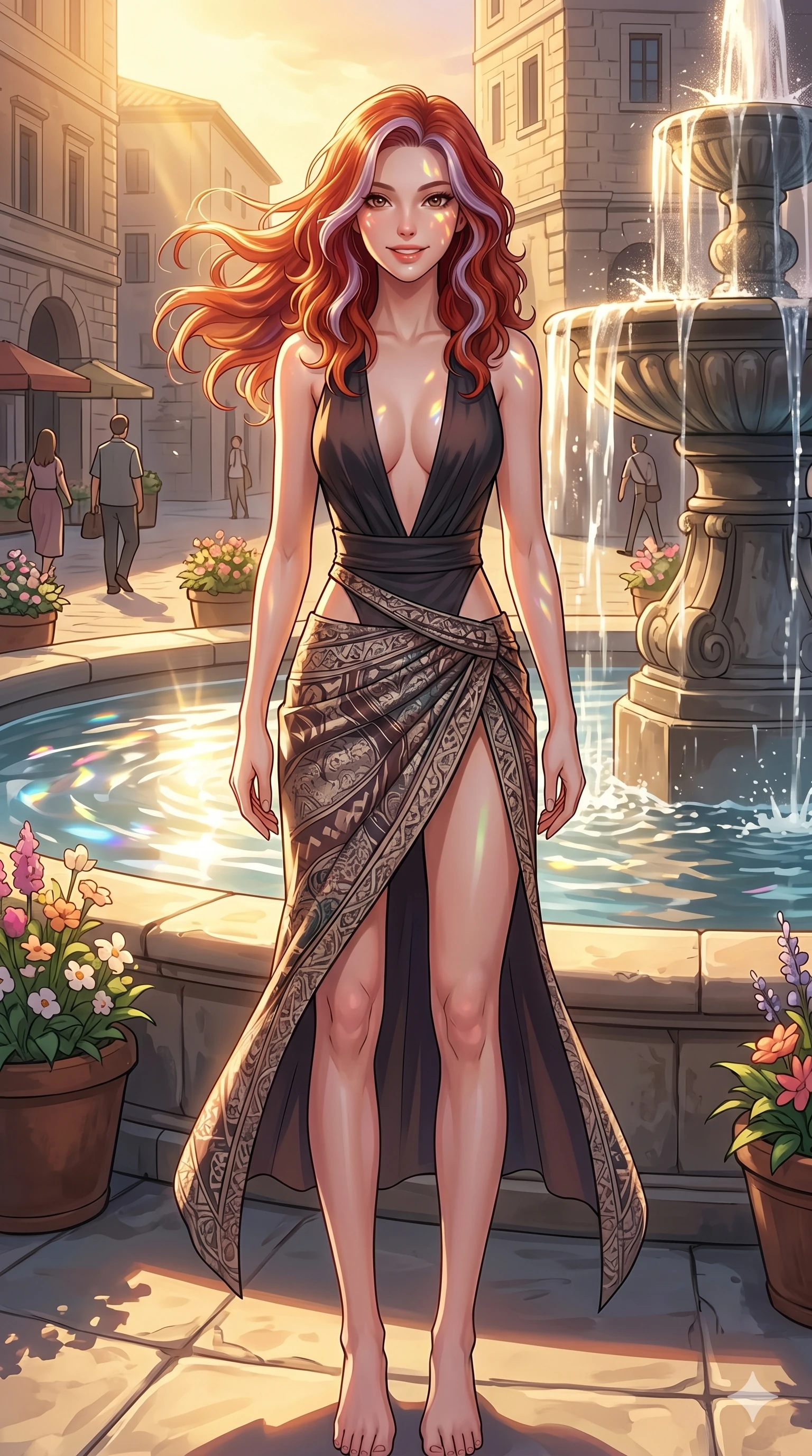 score_9, masterpiece, best quality, ultra-detailed, high-budget anime keyframe, vibrant anime aesthetic, Caucasian woman, strictly human ears. cowboy shot from the thighs up, character and outfit filling the frame for maximum presence. She is standing tall with a lively smile, her hair blowing gently in the spring breeze by a city fountain plaza under afternoon sun (Code-P20-113). She has an absolutely perfect 8-heads proportion, an exceptionally tall and slender female figure with impossibly long slender legs and an ultra-slim waist. V-shaped jawline, high-bridge nose, intricate jewel-like eyes with depth, thick eyelashes, glossy lips with a natural sheen. wearing a plunging neckline top with exposed waist and high-slit skirt. She is warm golden afternoon sunbeams reflecting off the fountain water, dancing on her face. 2k, ultra detail, master piece, 9:16 ratio