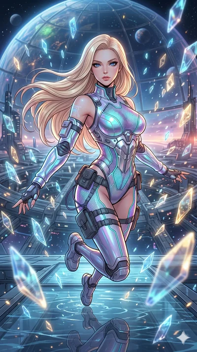 score_9, masterpiece, best quality, ultra-detailed, high-budget anime movie keyframe, cinematic anime lighting, intricate line art, Korean woman. Medium shot of upper body capturing the intricate details of her high-fashion attire. leaping gracefully