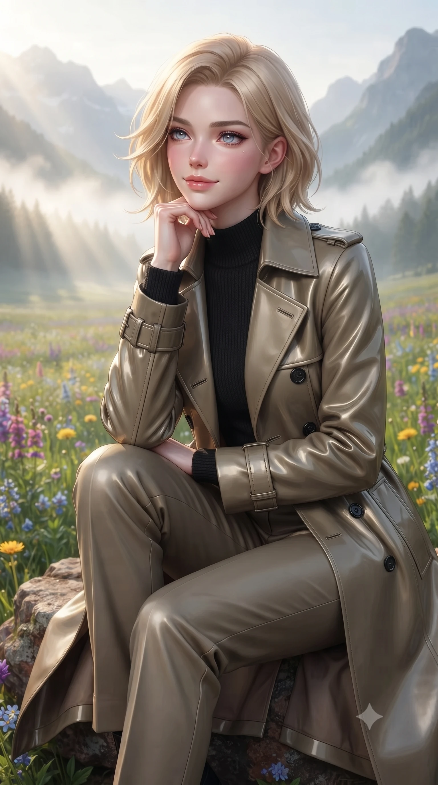 score_9, masterpiece, best quality, ultra-detailed, high-budget anime keyframe, editorial fashion photography, tasteful artistic composition, Caucasian woman woman. close-up cowboy shot from the waist and thighs up, the character dominates the composition, filling the frame with her large presence, background elements kept in soft focus. resting her chin on her hand, looking out at the beautiful scenery with a soft smile the background shows a soft-focus a grassy field of alpine flowers with majestic mist-shrouded mountains in the background. She has an exceptionally elegant, slender, and willowy female figure with an ultra-slim waist, a gracefully sculpted slender torso, and a refined silhouette. sharp v-shaped jawline, high-bridge nose, intricate jewel-like eyes with depth, thick eyelashes, glossy lips with a natural sheen. wearing a form-contouring tailored trench coat in khaki cotton, worn over a black mock-neck knit sweater and straight-cut trousers. soft morning sunrays breaking through the valley fog. ultra-reflective glossy finish, specular highlights, metallic sheen, high-contrast stereoscopic depth, volumetric dynamic lighting, 2k, ultra detail, master piece, 9:16 ratio