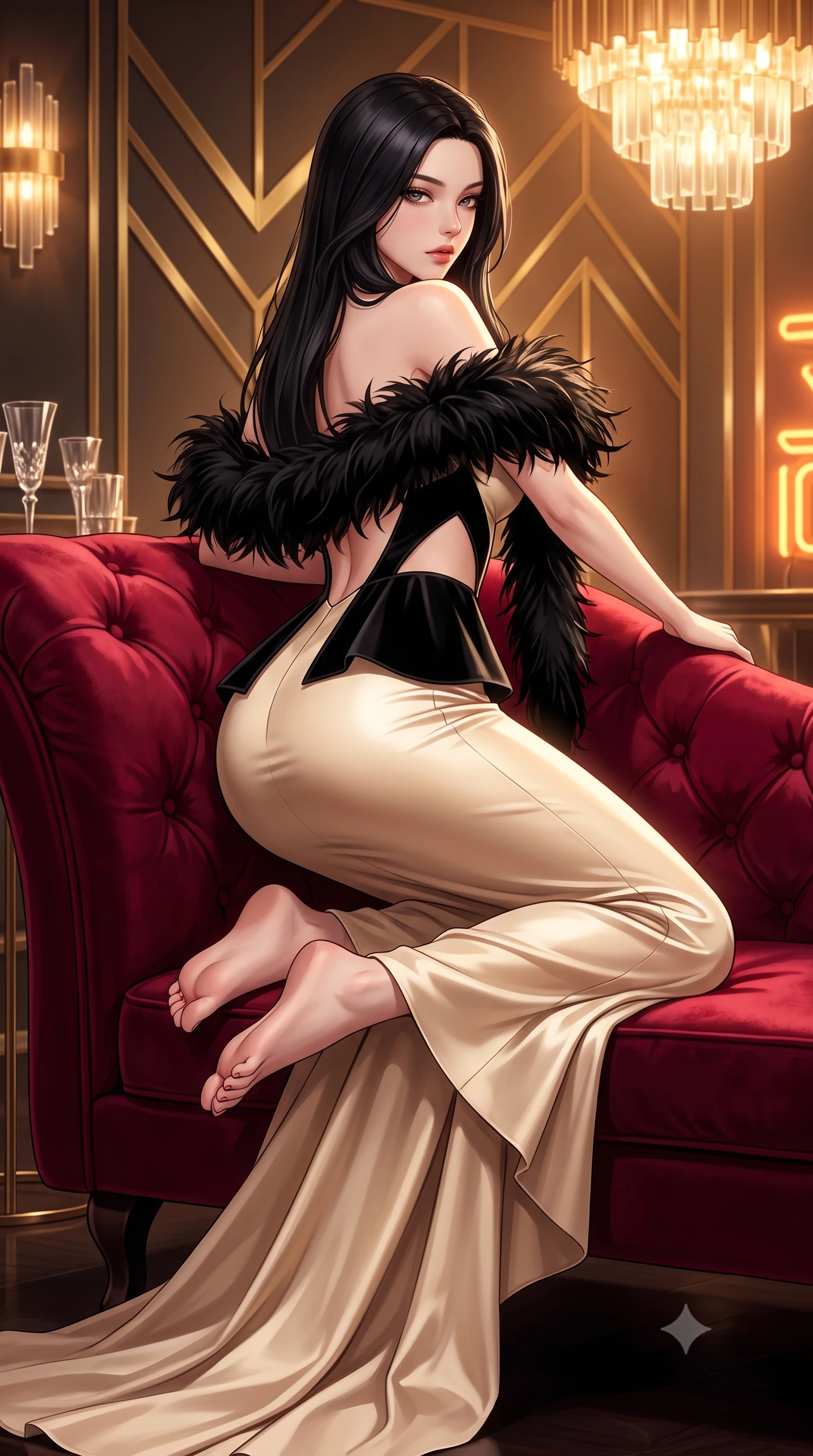 score_9, masterpiece, best quality, ultra-detailed, high-budget anime keyframe, semi-realistic 3D game render, editorial fashion photography, tasteful artistic composition, Korean woman. low angle full-body shot from head to toe showing her feet, filling the entire 9:16 vertical frame with her statuesque presence, stretching her vertical silhouette. posing with back turned slightly to the lens, glancing back with smoldering allure as she arches her lower back to emphasize her sculpted feminine hips and slender waist while reclining on a plush velvet chaise lounge with one knee drawn up, smoldering eyes locked onto the viewer with dangerous flapper allure. The surrounding environment is rendered in vivid detail and crisp panoramic clarity. sharp geometric brass chevron wall moldings, crystal glass facets, and velvet fabric pile in deep focus. She has an absolutely perfect, statuesque 8.5-heads proportion, an exceptionally tall and slender model-like female figure with impossibly long slender legs, a toned flat midriff, an ultra-slim waist, and beautifully sculpted feminine hips. sharp v-shaped jawline, high-bridge nose, intricate jewel-like eyes with depth, thick eyelashes, glossy parted lips with a natural sheen, intensely captivating and seductive bedroom-eyes expression, flawlessly proportioned anatomical accuracy, strict slender model proportions, natural body alignment, perfectly sculpted long slender limbs, ultra-slim waistline, clean dynamic posture without body distortion. wearing a form-contouring Art Deco geometric peplum gown with side-waist diamond cutouts in champagne gold and midnight black velvet, tailored from ultra-smooth duchess satin with a pearlescent sheen, complemented by a plush ostrich feather boa draped playfully across her bare shoulders, the precision-cut side openings and low-back scoop framing her graceful spine and the sensual sweep of her hips. bathed in warm incandescent chandelier warmth and vintage amber neon glow. highly saturated vibrant anime colors, detailed shading with soft gradients, rich glossy textures, high-contrast stereoscopic depth, volumetric dynamic lighting, master piece, 9:16 ratio