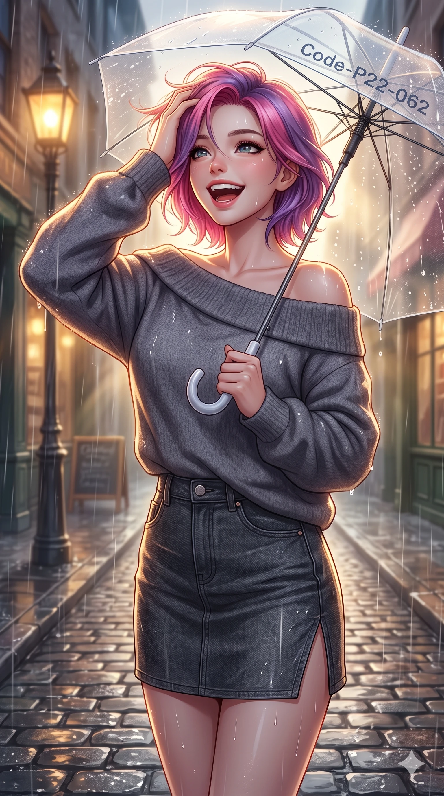 score_9, masterpiece, best quality, ultra-detailed, high-budget anime keyframe, vibrant anime aesthetic, Caucasian woman, strictly human ears. close-up cowboy shot from the waist and thighs up, the character dominates the composition, filling the frame with her large presence, background elements kept in soft focus. She is laughing happily while running her fingers through her hair in the rain, with her eyes bright and full of life with a soft breath of wind in her hair. standing on a rain-slicked cobblestone street under a warm glowing gaslight, holding a clear umbrella (Code-P22-062). She has an absolutely perfect proportion, an exceptionally elegant and slender female figure with an ultra-slim waist. V-shaped jawline, high-bridge nose, intricate jewel-like eyes with depth, thick eyelashes, glossy lips with a natural sheen. wearing an off-shoulder oversized sweater paired with a refined side vent denim skirt in classic charcoal. She is bathed in volumetric morning sunbeams piercing through rain clouds, accentuating her slender silhouette along the cobblestone alley. 2k, ultra detail, master piece, 9:16 ratio