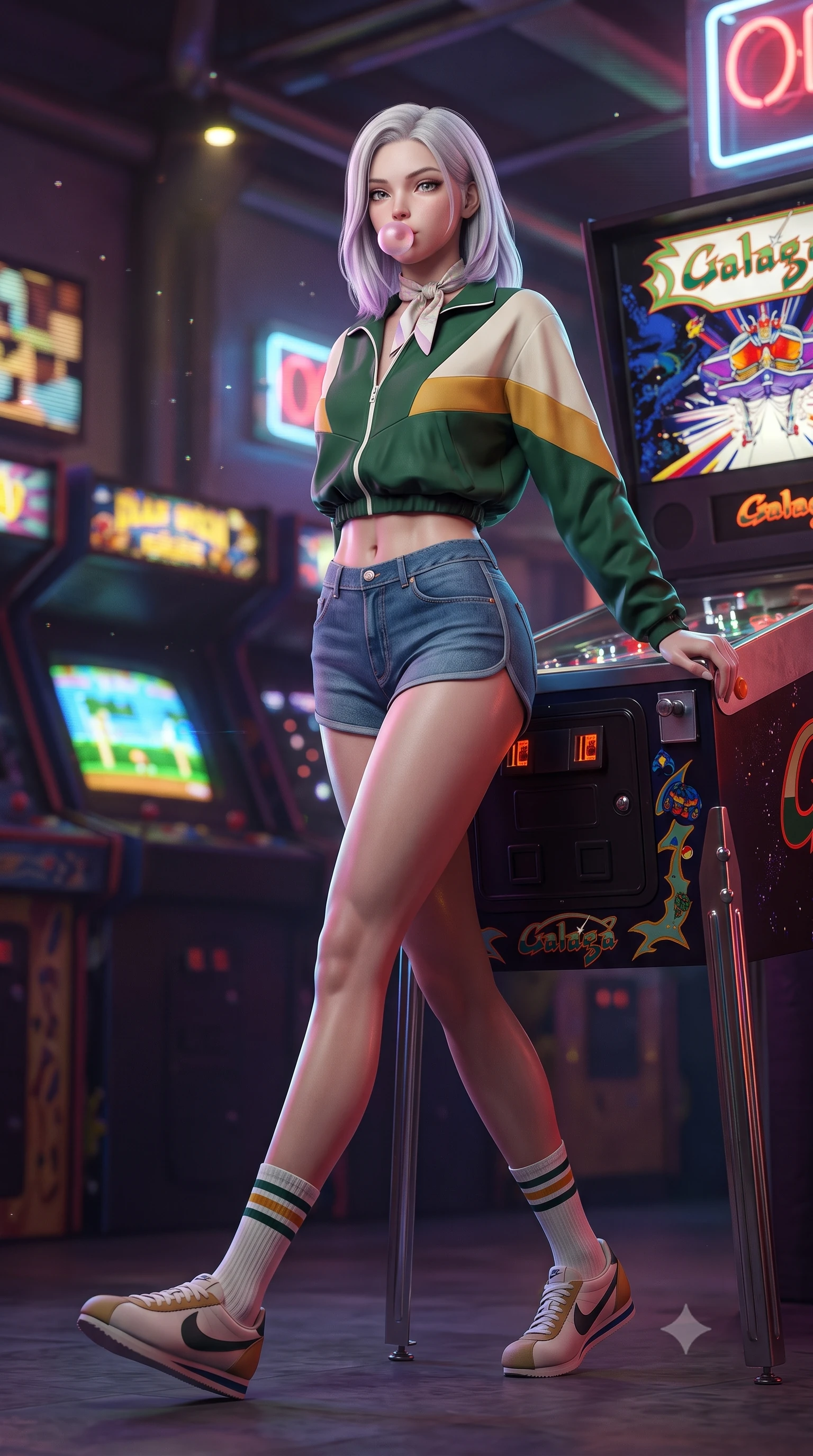 score_9, masterpiece, best quality, ultra-detailed, high-budget anime keyframe, semi-realistic 3D game render, editorial fashion photography, tasteful artistic composition, Caucasian woman. low angle full-body shot from head to toe showing her feet, filling the entire 9:16 vertical frame with her statuesque presence, stretching her vertical silhouette. stepping forward gracefully in mid-motion, displaying her toned flat midriff and flawlessly sculpted slender limbs while leaning against a pinball machine with one hip cocked, chewing bubblegum with a playful, teasing smile at the lens. The composition keeps background elements in soft focus with creamy bokeh. flickering coin-slot lights and pixel scanline glints scattering vibrant nostalgic light motes. She has an absolutely perfect, statuesque 8.5-heads proportion, an exceptionally tall and slender model-like female figure with impossibly long slender legs, a toned flat midriff, and an ultra-slim waist. sharp v-shaped jawline, high-bridge nose, intricate jewel-like eyes with depth, thick eyelashes, glossy lips with a natural sheen, captivating and magnetic expression, flawlessly proportioned anatomical accuracy, strict slender model proportions, natural body alignment, perfectly sculpted long slender limbs, ultra-slim waistline, clean dynamic posture without body distortion. wearing a sporty 80s retro track jacket paired with high-waisted dolphin running shorts and tube socks in forest green, cream, and mustard yellow, made of premium heavyweight washed denim and breathable cotton poplin, complemented by a delicate silk scarf tied playfully around her neck, the sleek tailored cut tightly hugging her graceful clavicle, narrow waist, and feminine curves with statuesque precision. bathed in multicolored arcade screen glows and vibrant neon alleyway downlights. highly saturated vibrant anime colors, detailed shading with soft gradients, rich glossy textures, high-contrast stereoscopic depth, volumetric dynamic lighting, master piece, 9:16 ratio
