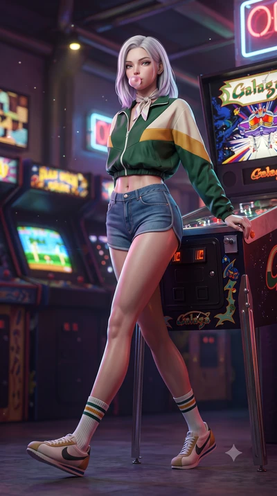 score_9, masterpiece, best quality, ultra-detailed, high-budget anime keyframe, semi-realistic 3D game render, editorial fashion photography, tasteful artistic composition, Caucasian woman. low angle full-body shot from head to toe showing her feet, 