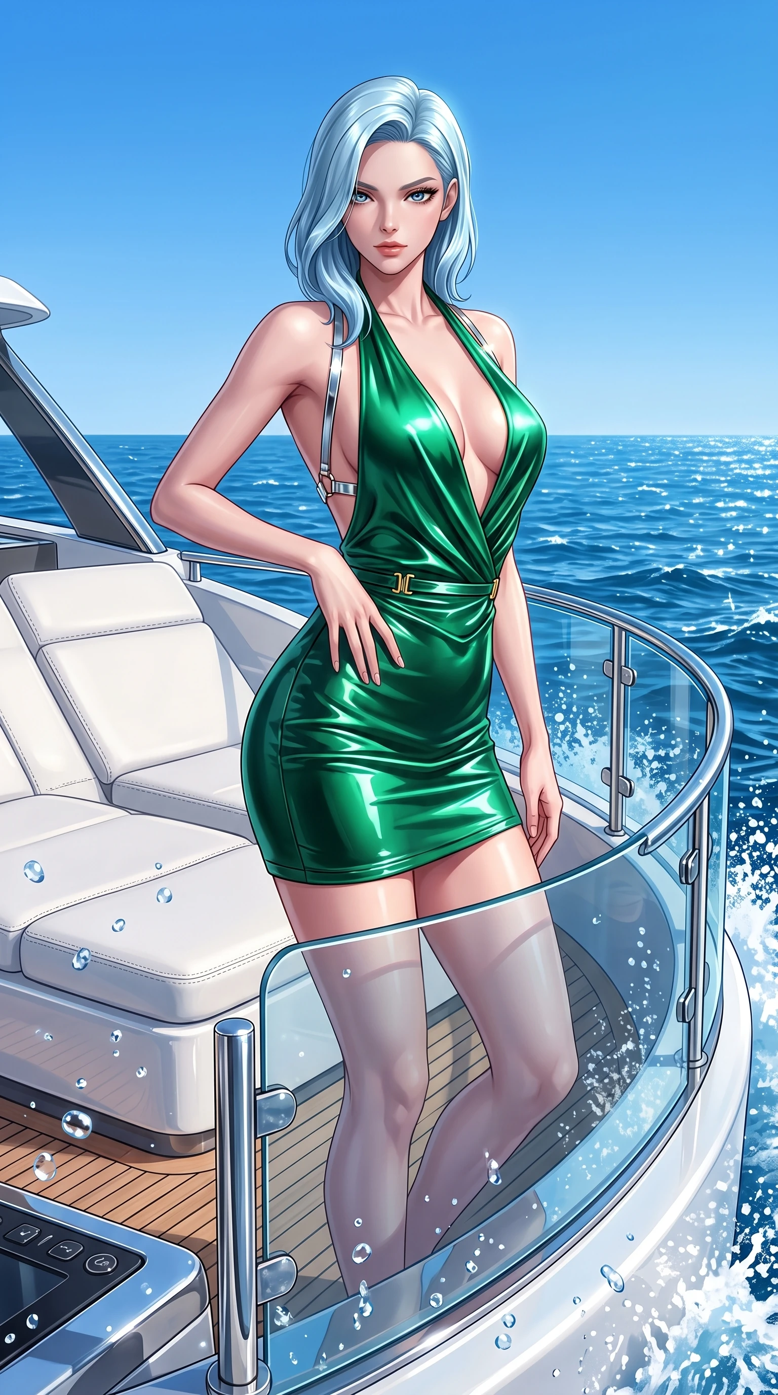 score_9, masterpiece, best quality, ultra-detailed, high-budget anime keyframe, semi-realistic 3D game render, editorial fashion photography, tasteful artistic composition, Korean woman. close-up cowboy shot from the waist and thighs up, the character dominates the composition, filling the frame with her large presence. twisting her upper body in a dynamic S-curve with an alluring smolder, one hand trailing along her slender waist while pivoting dynamically near the yacht glass balustrade as the vessel cuts through sparkling deep blue ocean waves. The surrounding environment is rendered in vivid detail and crisp panoramic clarity. sharp splashing sea spray droplets, white leather sunbed seams, and cloudless sky in high clarity. She has an exceptionally elegant, slender, and willowy female figure with an ultra-slim waist, a gracefully sculpted slender torso, toned flat midriff, and a refined slim silhouette. sharp v-shaped jawline, high-bridge nose, intricate jewel-like eyes with depth, thick eyelashes, glossy lips with a natural sheen, flawlessly proportioned anatomical accuracy, strict slender model proportions, natural body alignment, perfectly sculpted long slender limbs, ultra-slim waistline, clean dynamic posture without body distortion. wearing a form-contouring liquid satin halter-neck mini dress with a deep crossover cowl front, open back, and ultra-slender waist drape in bright emerald green satin and gold hardware, formed from high-gloss patent material with specular light reflections, reinforced by a sleek metallic chrome harness and delicate glowing micro-straps, the glove-like aerodynamic second-skin fit tightly clinging to her ultra-slender waist and athletic curves without adding bulk, accentuating her razor-sharp statuesque lines and slim hourglass silhouette. surrounded by an exclusive, sun-drenched, and unapologetically glamorous superyacht luxury aura. highly saturated vibrant anime colors, detailed shading with soft gradients, rich glossy textures, high-contrast stereoscopic depth, volumetric dynamic lighting, master piece, 9:16 ratio