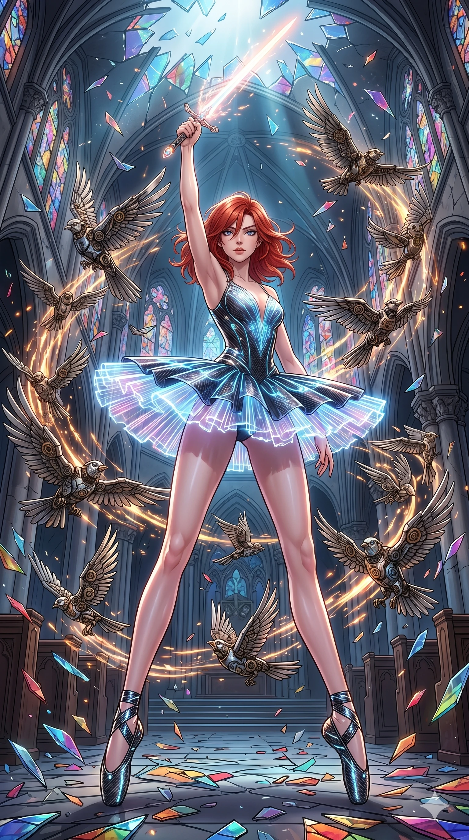 score_9, masterpiece, best quality, ultra-detailed, Set A: High-budget Anime Keyframe, Caucasian (strictly human ears) woman. Low angle cowboy shot filling the entire 9:16 frame with her statuesque presence. Standing victoriously through a shattered glass cathedral, surrounded by a whirlwind of 222 mechanical birds and surrounded by glowing energy sparks. She has an absolutely perfect 8-heads proportion, an exceptionally tall and slender female figure with impossibly long slender legs and an ultra-slim waist. Sharp v-shaped jawline, high-bridge nose, intricate jewel-like eyes with depth, thick eyelashes, glossy lips with a natural sheen. Wearing Futuristic ballet outfit with a glowing tutu and carbon-fiber pointe shoes. Cinematic lighting, vibrant colors, dramatic shadows, 2k, ultra detail, master piece, 9:16 ratio