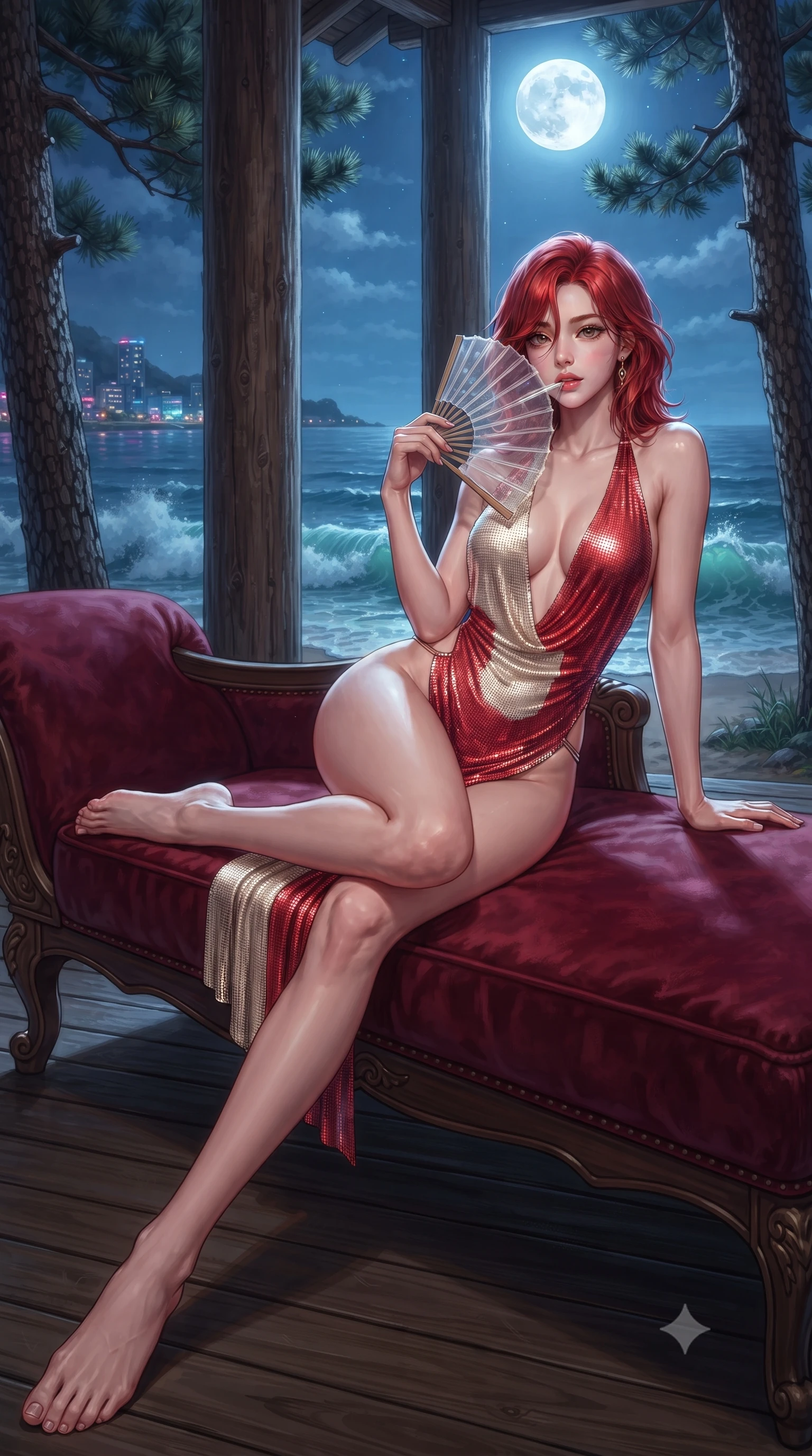 score_9, masterpiece, best quality, ultra-detailed, high-budget anime keyframe, editorial fashion photography, tasteful artistic composition, Korean woman. low angle full-body shot from head to toe showing her feet, filling the entire 9:16 vertical frame with her statuesque presence, stretching her vertical silhouette. reclining gracefully across the plush chaise lounge with one leg extended, her sculpted silhouette and flat midriff radiating magnetic nocturnal glamour while twisting her slender torso in an alluring contrapposto stance, moonlight carving sharp highlights across her flat midriff and curvy hips. The surrounding environment is rendered in vivid detail and crisp panoramic clarity: sharp pine bark textures, wooden pillar grain, and crashing wave crest clarity in deep focus. She has an absolutely perfect, statuesque 8.5-heads proportion, an exceptionally tall and slender model-like female figure with impossibly long slender legs, an ultra-slim waist, a flat toned midriff, narrow delicate ribcage, and beautifully sculpted feminine hips creating a graceful, slim hourglass silhouette without any bulky heaviness. sharp v-shaped jawline, high-bridge nose, sparkling eyes with hypnotic seductive depth, thick curled eyelashes, glossy parted lips with a natural dewy peach sheen, alluring bedroom-eyes with an enchanting coquettish smile, exuding magnetic siren charisma and sophisticated glamour, flawlessly proportioned anatomical accuracy, strict slender model proportions, natural body alignment, perfectly sculpted long slender limbs, ultra-slim waistline, clean dynamic posture without body distortion. wearing a liquid metallic lamé plunge halterneck jumpsuit clinging like a second skin with high-cut side hip cutouts in royal vermilion crimson and pale ivory silk, crafted from shimmering fluid chainmail mesh reflecting ambient neon lights, finished with a transparent silk folding fan held gracefully near her glossy parted lips, the high-slit wrap tailoring accentuating her ultra-slim waistline and the enchanting curve of her feminine hips with alluring seductive charm. bathed in brilliant horizontal moonlight sweeping across the ocean surface. ultra-reflective glossy finish, specular highlights, rich textural contrasts, high-contrast stereoscopic depth, volumetric dynamic lighting, 2k, ultra detail, master piece, 9:16 ratio