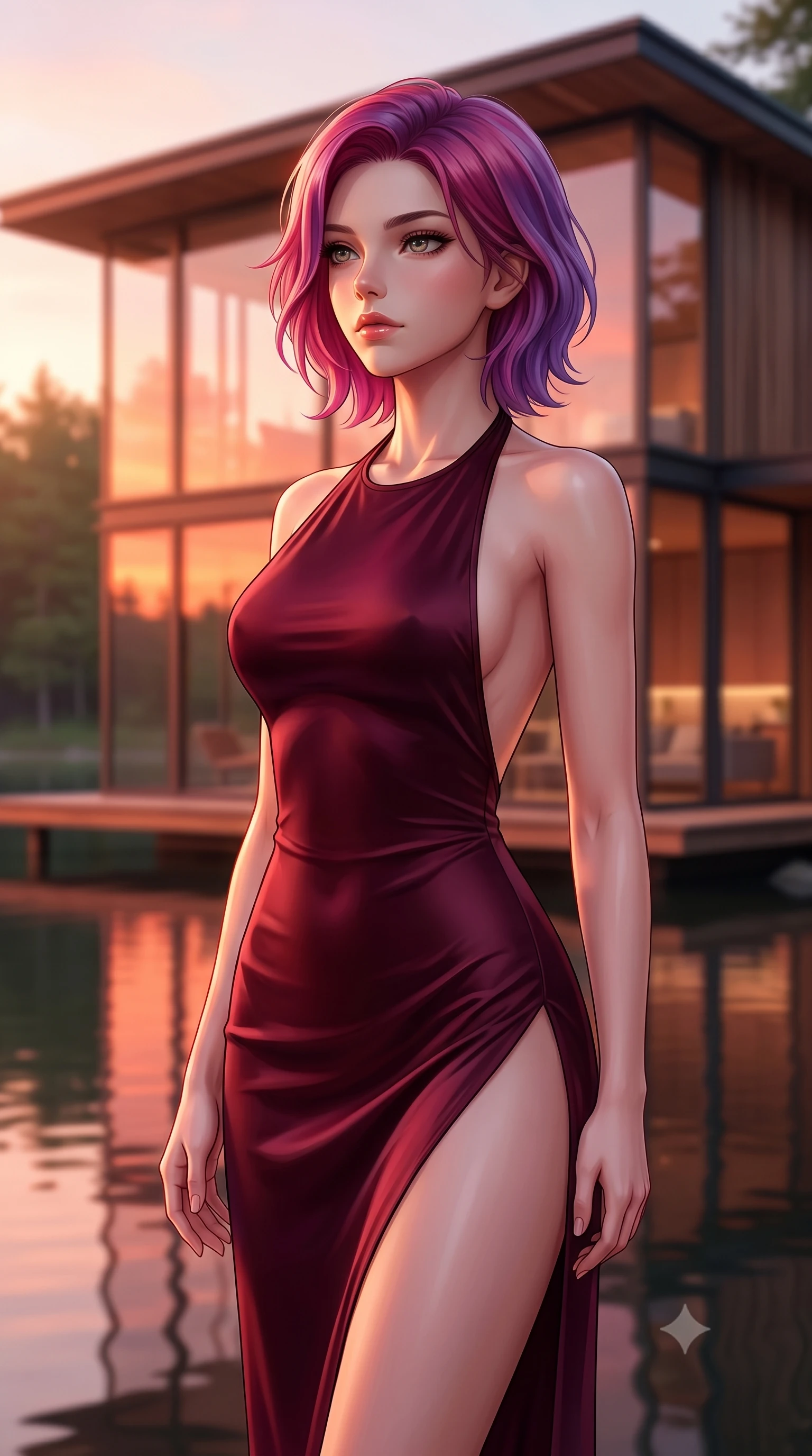 score_9, masterpiece, best quality, ultra-detailed, high-budget anime keyframe, editorial fashion photography, tasteful artistic composition, Caucasian woman woman. close-up cowboy shot from the waist and thighs up, the character dominates the composition, filling the frame with her large presence, background elements kept in soft focus. looking past the camera with a peaceful, thoughtful gaze, enjoying the warm sunlight the background shows a soft-focus a modern house built of glass and wood, sitting on the edge of a calm forest lake. She has an exceptionally elegant, slender, and willowy female figure with an ultra-slim waist, a gracefully sculpted slender torso, and a refined silhouette. sharp v-shaped jawline, high-bridge nose, intricate jewel-like eyes with depth, thick eyelashes, glossy lips with a natural sheen. wearing a form-contouring high-slit satin gown in deep burgundy with an elegant halter neck and open back. the orange and pink reflection of the sunset on the glass walls and lake surface. 2k, ultra detail, master piece, 9:16 ratio