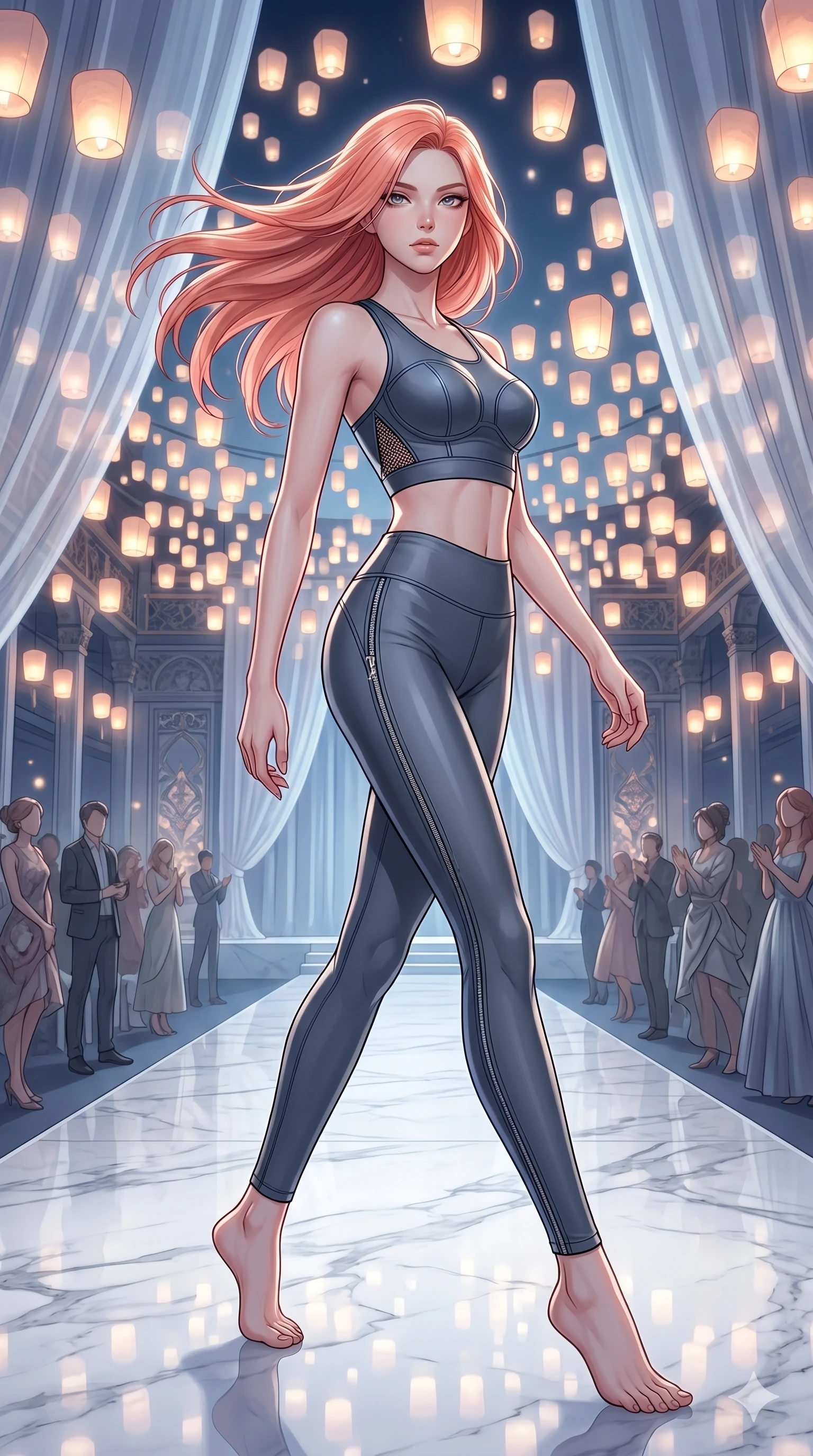score_9, masterpiece, best quality, ultra-detailed, high-budget anime keyframe, editorial fashion photography, tasteful artistic composition, Japanese woman. low angle full-body shot from head to toe showing her feet, filling the entire 9:16 vertical frame with her statuesque presence, stretching her vertical silhouette. Pivoting sharply mid-step with hair sweeping dramatically behind on a runway of polished white marble under a canopy of thousands of floating luminous lanterns. She has an absolutely perfect 8-heads proportion, an exceptionally tall and slender female figure with impossibly long slender legs and an ultra-slim waist. V-shaped jawline, high-bridge nose, intricate jewel-like eyes with depth, thick eyelashes, glossy lips with a natural sheen. wearing a high-performance fitted crop sports top in deep chrome grey with sculpted structured cups and a bold graphic mesh insert at the sides, paired with matching high-waist compression leggings with side chrome zip details. bathed in cold silver moonlight filtered through translucent gossamer curtains casting soft shadows on her elegant contours. 2k, ultra detail, master piece, 9:16 ratio