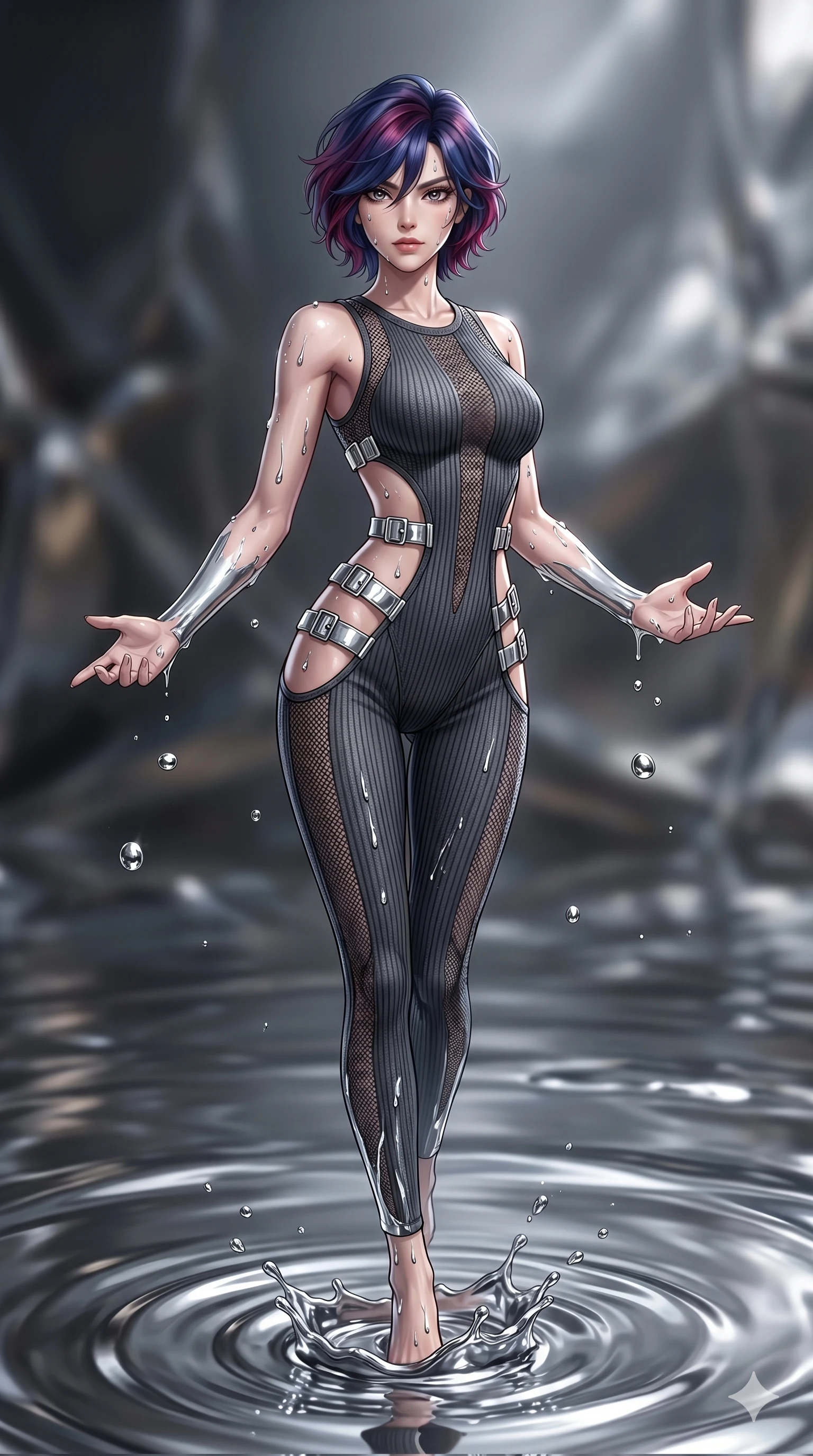 score_9, masterpiece, best quality, ultra-detailed, High-budget Anime Keyframe, East Asian woman. Dynamic full-body shot stretching the vertical silhouette to the limit. Scenario 274: Rising from a pool of mercury-like liquid, droplets rolling off her skin. Her presence is magnetic and overpowering in this high-budget anime scene. Outfit 274: A ribbed bodycon knit micro-mesh with a strategic side cut-outs and metallic buckles. The clothing is designed to emphasize her exceptionally tall and slender 8-heads proportion. 8-heads proportion, towering silhouette, ultra-slim waist. sharp v-shaped jawline, intricate jewel-like eyes with depth, thick eyelashes, glossy lips. 2k, ultra detail, master piece, 9:16 ratio