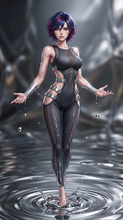score_9, masterpiece, best quality, ultra-detailed, High-budget Anime Keyframe, East Asian woman. Dynamic full-body shot stretching the vertical silhouette to the limit. Scenario 274: Rising from a pool of mercury-like liquid, droplets rolling off he