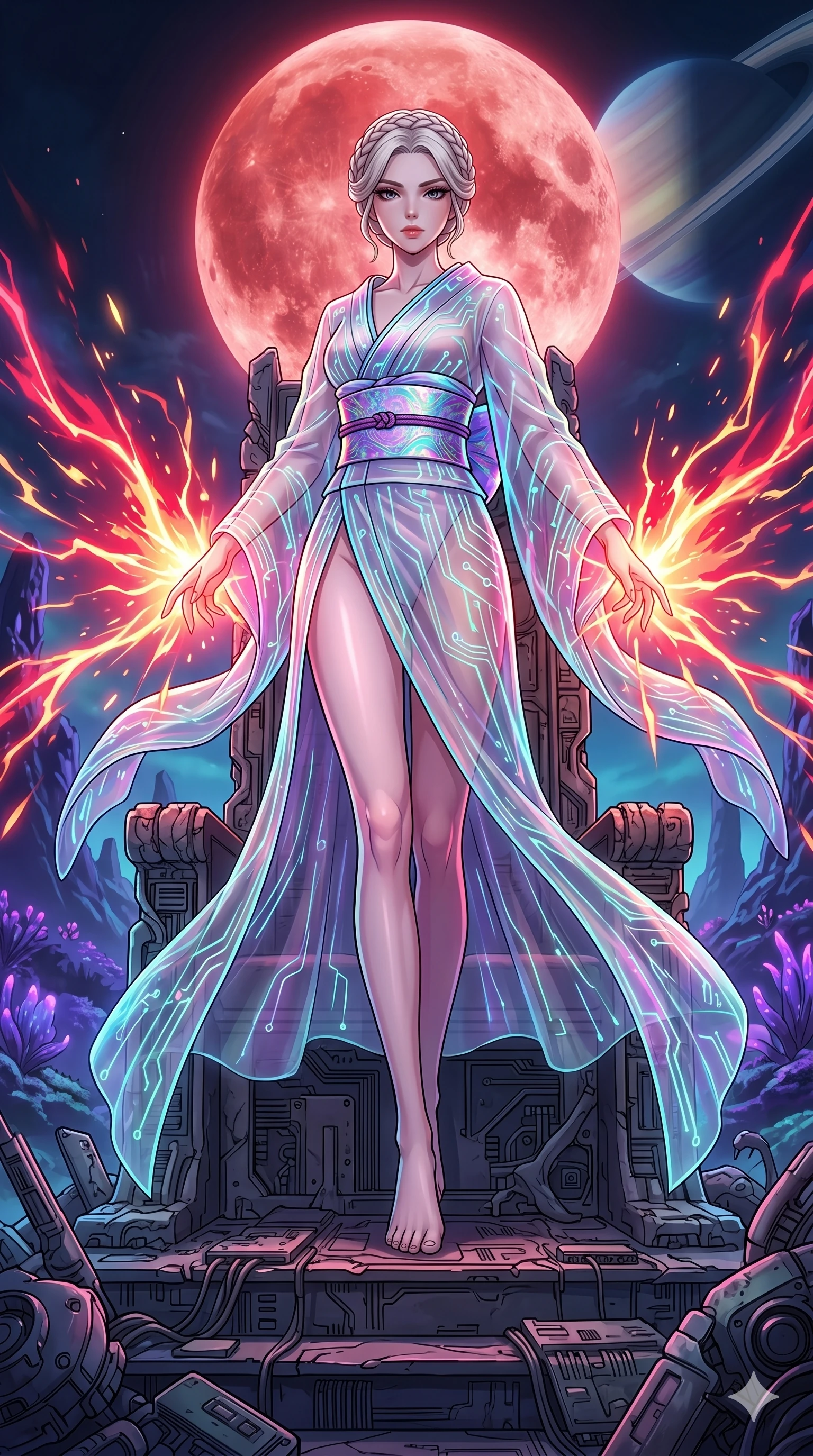 score_9, masterpiece, best quality, ultra-detailed, High-budget Anime Keyframe, vibrant colors, fluid line-art, expressive lighting, cinematic composition, Ufotable-style visual effects, top-tier animation quality, Japanese woman with delicate and elegant anime-inspired features. Dynamic full-body shot stretching the vertical silhouette, capturing her from a powerful low-angle perspective. Standing victorious on a grand throne made of calcified logic-boards and discarded cybernetics under the ominous glow of a massive blood moon. She has an absolutely perfect 8-heads proportion, an exceptionally tall and slender female figure with impossibly long slender legs and an ultra-slim waist, her statuesque height and towering silhouette dominating the vertical 9:16 frame. Her face is a masterpiece featuring a sharp v-shaped jawline, high-bridge nose, intricate jewel-like eyes with depth, thick eyelashes, and glossy lips with a natural sheen. She is wearing a High-slit tech-kimono with holographic obi and integrated neon-lit circuitry patterns crafted from Sheer silk that is almost transparent, flowing like water around her statuesque frame, with a dangerous high slit that showcases her impossibly long slender legs. The scene is set in a mysterious alien planet with bioluminescent purple flora and a giant ringed planet in the sky, illuminated by intense energy flares from her powers illuminating the scene with brilliant light. 2k, ultra detail, master piece, 9:16 ratio
