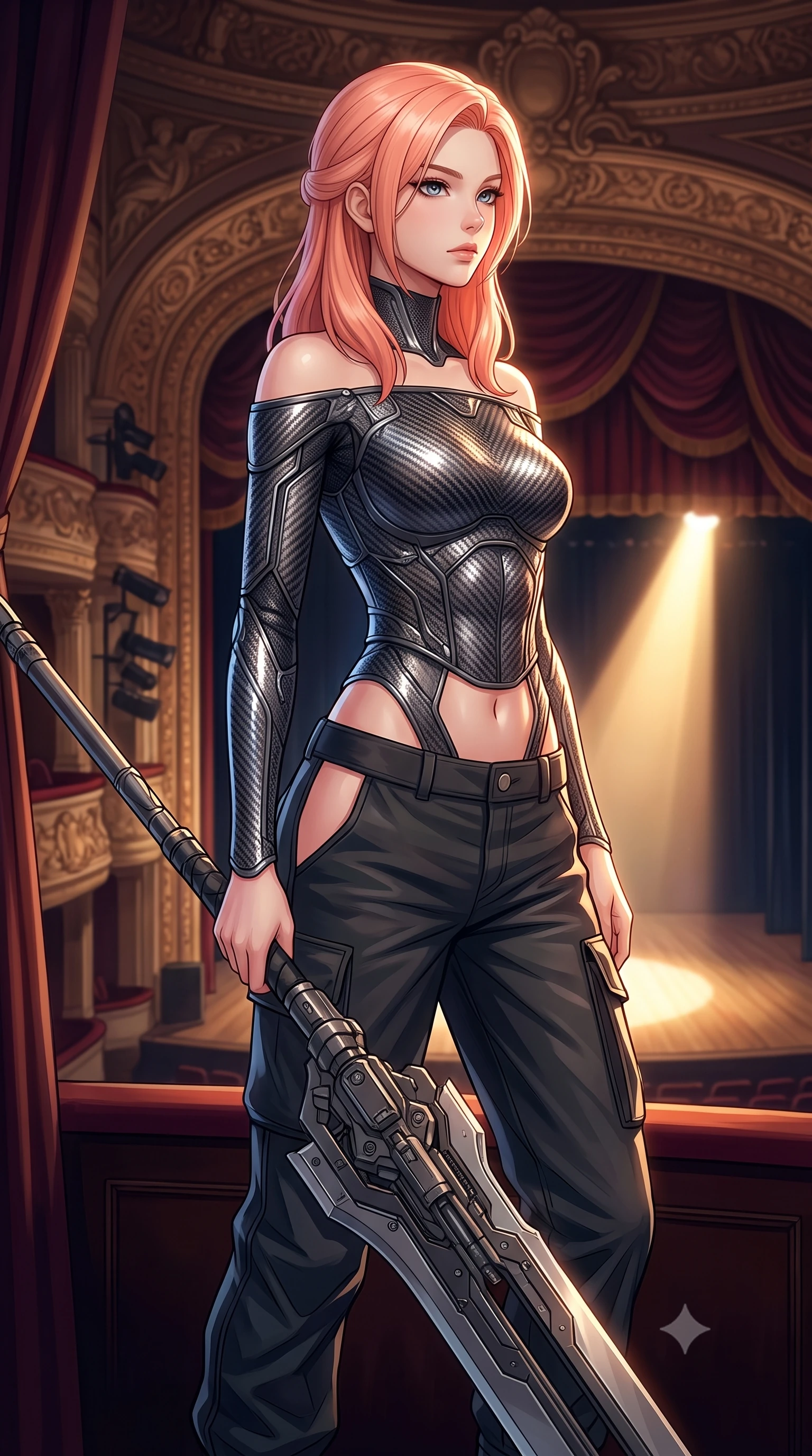 score_9, masterpiece, best quality, ultra-detailed, high-budget anime keyframe, editorial fashion photography, tasteful artistic composition, Japanese woman. close-up cowboy shot from the waist and thighs up, the character dominates the composition, filling the frame with her large presence, background elements kept in soft focus. holding a deactivated nanotech glaive, looking past the camera with quiet, sharp focus and a composed expression, the background shows a soft-focus a private balcony alcove of a historic grand theater overlooking the stage. She has an exceptionally elegant, slender, and willowy female figure with an ultra-slim waist, a gracefully sculpted slender torso, and a refined silhouette. sharp v-shaped jawline, high-bridge nose, intricate jewel-like eyes with depth, thick eyelashes, glossy lips with a natural sheen. wearing a form-contouring off-shoulder carbon-fiber armor top paired with high-slit tactical cargo pants, showing her delicately sculpted midriff. single warm spotlight from the stage tracing her posture and silhouette. highly saturated vibrant anime colors, detailed shading with soft gradients, rich glossy textures, high-contrast stereoscopic depth, volumetric dynamic lighting, master piece, 9:16 ratio
