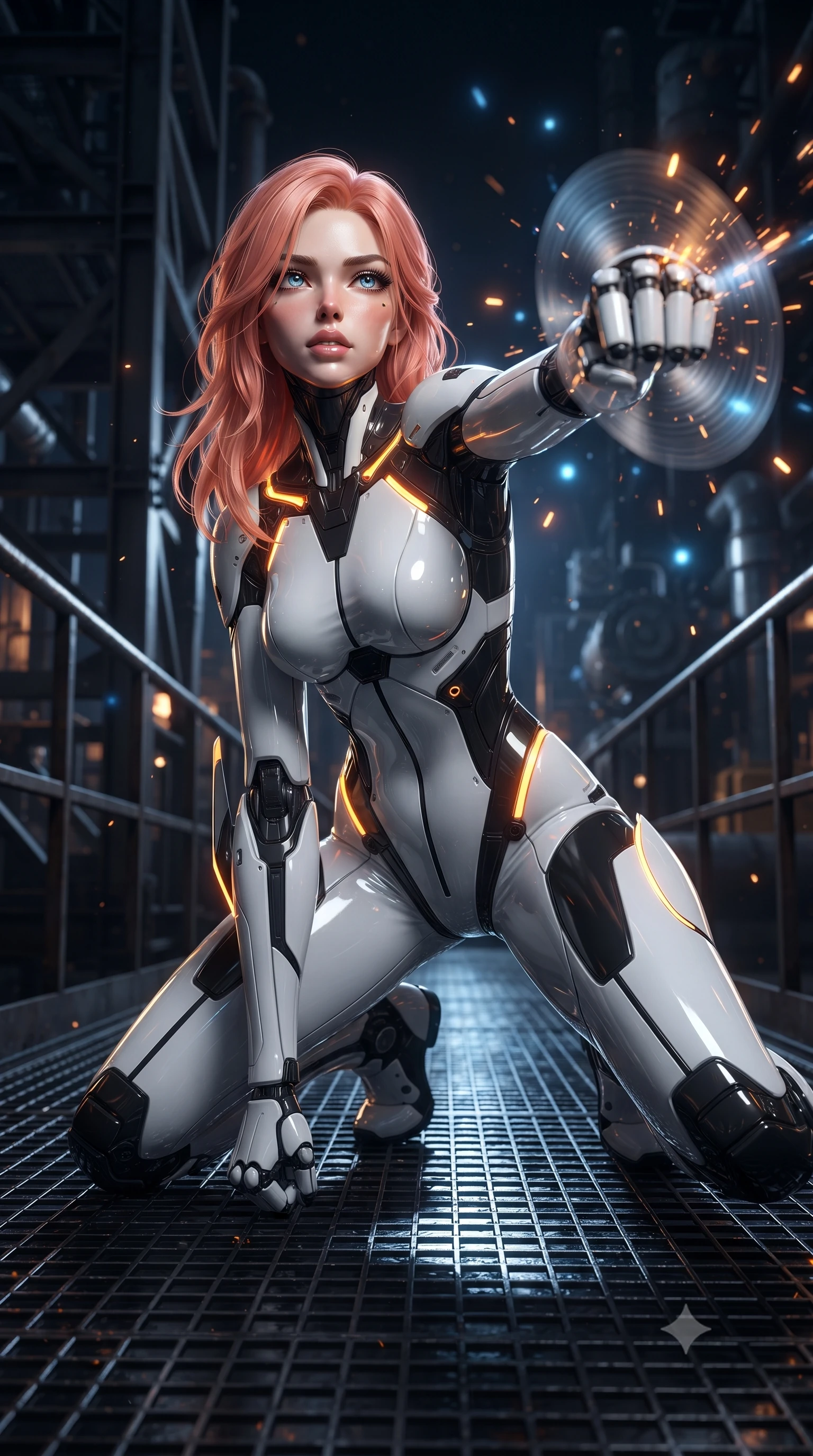 score_9, masterpiece, best quality, ultra-detailed, high-budget anime keyframe, editorial fashion photography, tasteful artistic composition, Japanese woman. close-up cowboy shot from the waist and thighs up, the character dominates the composition, filling the frame with her large presence. thrusting a high-speed kinetic punch toward the camera, a visible conical shockwave distortion wrapping around her sleek carbon forearm while landing in a low crouched stance with one fist planted on the metal grating, looking up with a dangerous, alluring smolder. The composition keeps background elements in soft focus with creamy bokeh. blazing thermal air ripples and sparks scattering glowing light motes across a dark industrial backdrop. She has an exceptionally elegant, slender, and willowy female figure with an ultra-slim waist, a gracefully sculpted slender torso, toned flat midriff, and a refined slim silhouette. sharp v-shaped jawline, high-bridge nose, intricate jewel-like eyes with depth, thick eyelashes, glossy lips with a natural sheen, flawlessly proportioned anatomical accuracy, strict slender model proportions, natural body alignment, perfectly sculpted long slender limbs, ultra-slim waistline, clean dynamic posture without body distortion. wearing a high-contrast monochrome white-and-black carbon-composite exoskeleton suit with glowing amber circuitry and aerodynamic limb fins in monochrome white enamel carbon with high-contrast black panels, made of liquid carbon-jersey fabric adhering flawlessly to her sculpted silhouette, accented with glowing fiber-optic conduits tracing her collarbones and hip curves, the sleek second-skin cut tightly hugging her graceful clavicle, narrow waist, and feminine curves with athletic precision. illuminated by crisp specular highlights tracing her ultra-slim waist, long legs, and flat midriff. ultra-reflective glossy finish, specular highlights, dark metallic sheen, high-contrast stereoscopic depth, volumetric dynamic lighting, 2k, ultra detail, master piece, 9:16 ratio