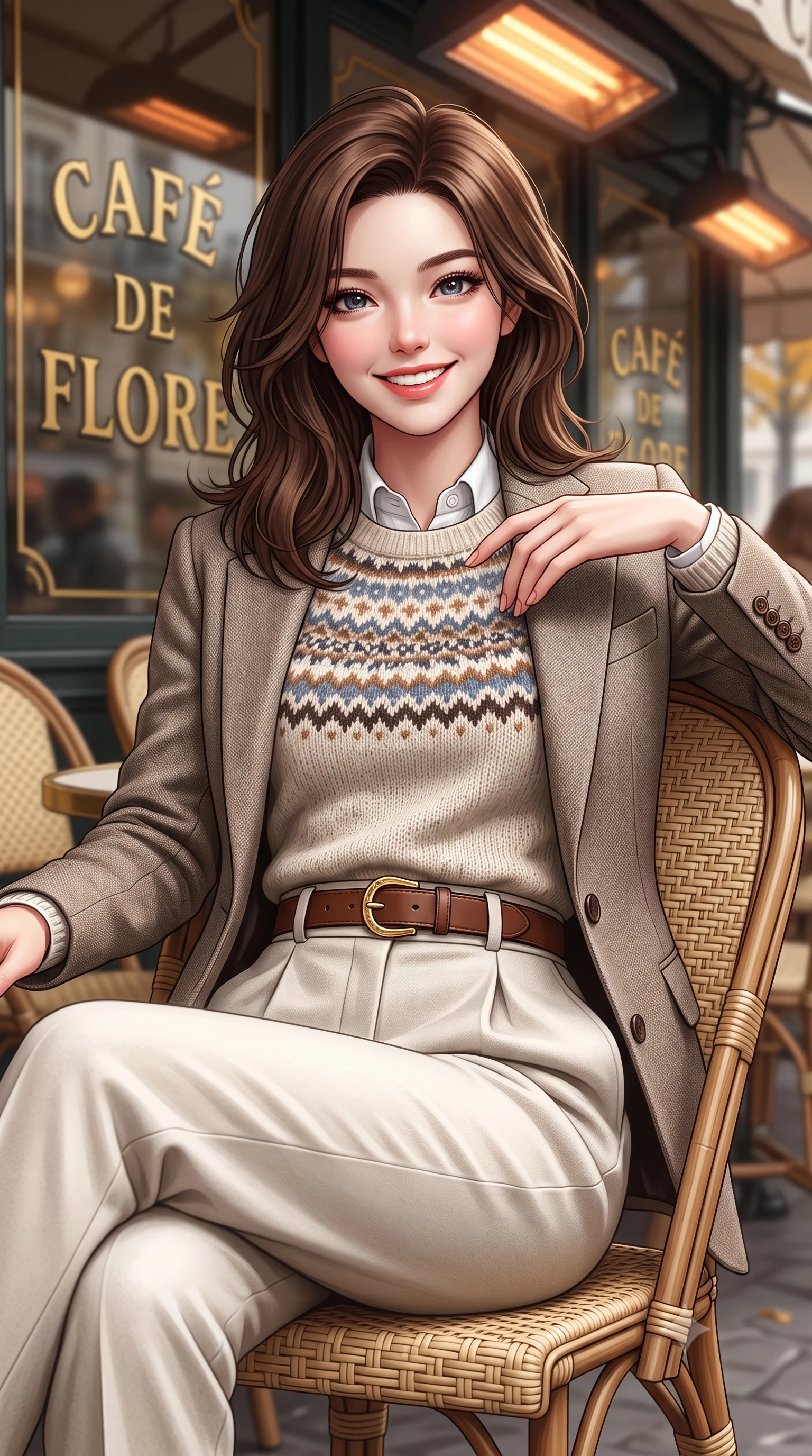 score_9, masterpiece, best quality, ultra-detailed, high-budget anime keyframe, semi-realistic 3D game render, editorial fashion photography, tasteful artistic composition, Korean woman. close-up cowboy shot from the waist and thighs up, the character dominates the composition, filling the frame with her large presence. resting one hand gracefully on her tailored blazer lapel while looking into the camera with bright, sparkling eyes while leaning back slightly against the wicker rattan café chair, ankles crossed, enjoying the crisp autumn air with effortless chic. The background shows a soft-focus brass café lettering on glass softened in romantic Left Bank intellectual shallow focus. She has an exceptionally elegant, slender, and willowy female figure with an ultra-slim waist, flat toned midriff, narrow ribcage, and sculpted feminine hips creating an alluring, slim hourglass silhouette without bulk. sharp v-shaped jawline, high-bridge nose, intricate jewel-like sparkling eyes with depth, thick eyelashes, glossy parted lips with a natural peach sheen, bright cheerful beaming smile with an enchanting and coquettish sensual glint, exuding both youthful cute charm and seductive allure, flawlessly proportioned anatomical accuracy, strict slender model proportions, natural body alignment, perfectly sculpted long slender limbs, ultra-slim waistline, clean dynamic posture without body distortion. wearing a Fair Isle patterned lambswool knit sweater layered over an Oxford button-down shirt with pleated wool trousers in Swiss alpine snow white and oat cashmere, tailored from fine wool gabardine with crisp permanent pleats and sharp drape, finished with a smooth equestrian bridle-leather belt with a polished brass horseshoe buckle, the structured cinched belt emphasizing her narrow waistline and gracefully balanced proportions with timeless haute-couture polish. bathed in soft overcast Parisian natural daylight warmed by glowing overhead outdoor patio heaters. highly saturated vibrant anime colors, detailed shading with soft gradients, rich glossy textures, high-contrast stereoscopic depth, volumetric dynamic lighting, master piece, 9:16 ratio