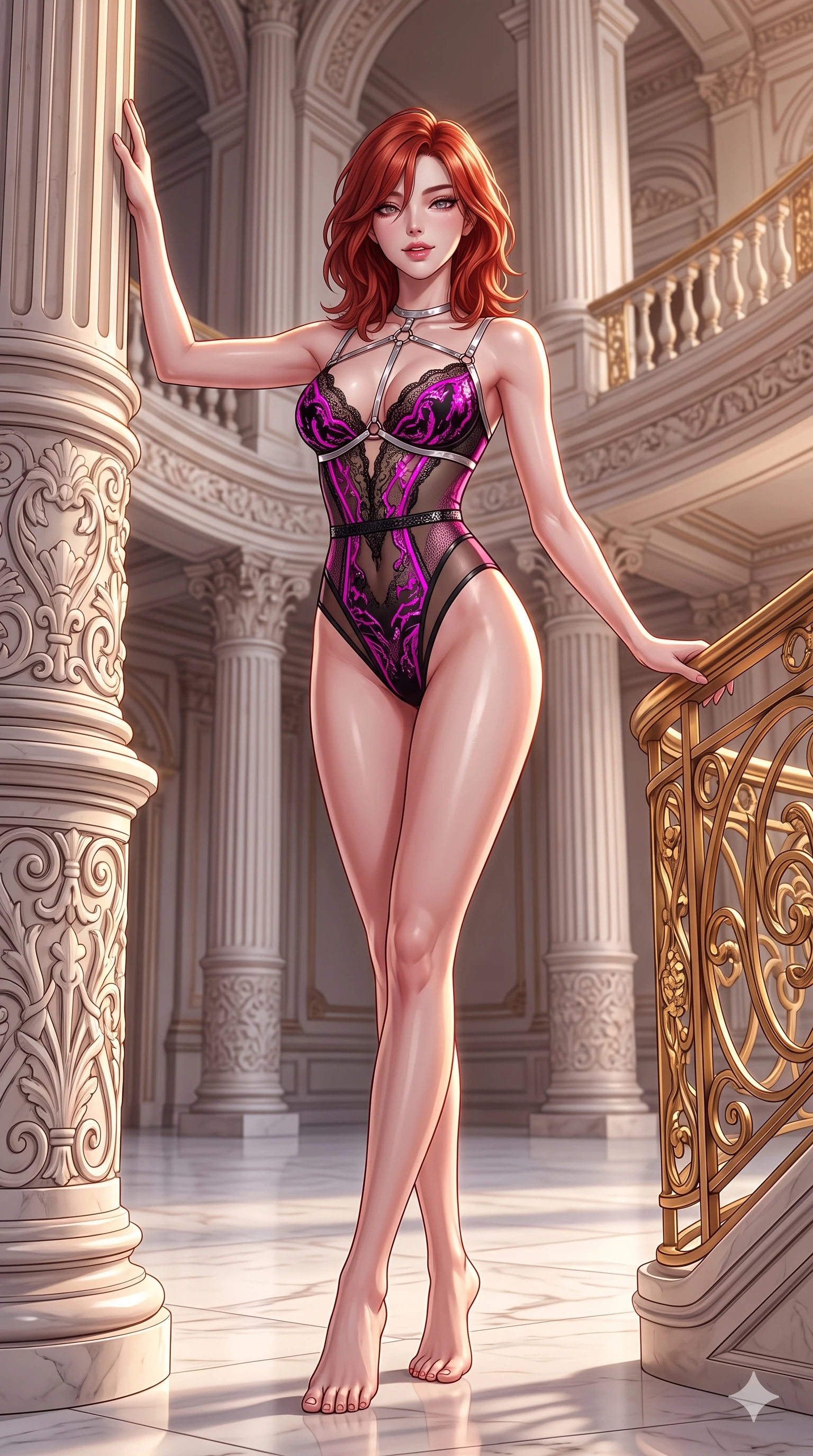 score_9, masterpiece, best quality, ultra-detailed, high-budget anime keyframe, semi-realistic 3D game render, editorial fashion photography, tasteful artistic composition, Korean woman. low angle full-body shot from head to toe showing her feet, filling the entire 9:16 vertical frame with her statuesque presence, stretching her vertical silhouette. standing tall beside the carved palazzo column, one hand resting high while arching her lower back to emphasize her sculpted feminine hips and slender waist while twisting her slender torso in an alluring S-curve while holding the gilded filigree banister, flashing an intoxicating smile with parted glossy lips. The surrounding environment is rendered in vivid detail and crisp panoramic clarity: intricate second-skin silk jersey tailoring, sheer side mesh panels, and monumental neoclassical architecture in razor-sharp clarity. She has an exceptionally tall and slender model-like 8.5-heads proportion, an ultra-slim waist, a flat toned midriff, narrow delicate ribcage, and beautifully sculpted feminine hips creating a graceful, slim hourglass silhouette without any bulky heaviness, with impossibly long slender legs. sharp v-shaped jawline, high-bridge nose, intricate jewel-like sparkling eyes with depth, thick eyelashes, glossy parted lips with a natural sheen, intensely captivating and seductive bedroom-eyes expression, exuding both youthful cute charm and sovereign luxury allure, flawlessly proportioned anatomical accuracy, strict slender model proportions, natural body alignment, perfectly sculpted long slender limbs, ultra-slim waistline, clean dynamic posture without body distortion. wearing a provocative sheer-illusion nanotech lace bodysuit with strategic metallic foil flocking and high-cut leg openings in black lacquer and vibrant magenta neon, tailored from smooth liquid silk satin that clings smoothly to her narrow waist and rounded hips with a dewy sheen, accented with a chrome-drop body harness subtly framing her dewy collarbones and spine, the bespoke structured tailoring following the natural line of her 8.5-heads silhouette with refined elegance. illuminated by white marble floor bounce and sharp diamond-gold rim lights carving her sculpted collarbones, ultra-slim waist, and curvy hips. highly saturated vibrant anime colors, detailed shading with soft gradients, rich glossy textures, high-contrast stereoscopic depth, volumetric dynamic lighting, master piece, 9:16 ratio