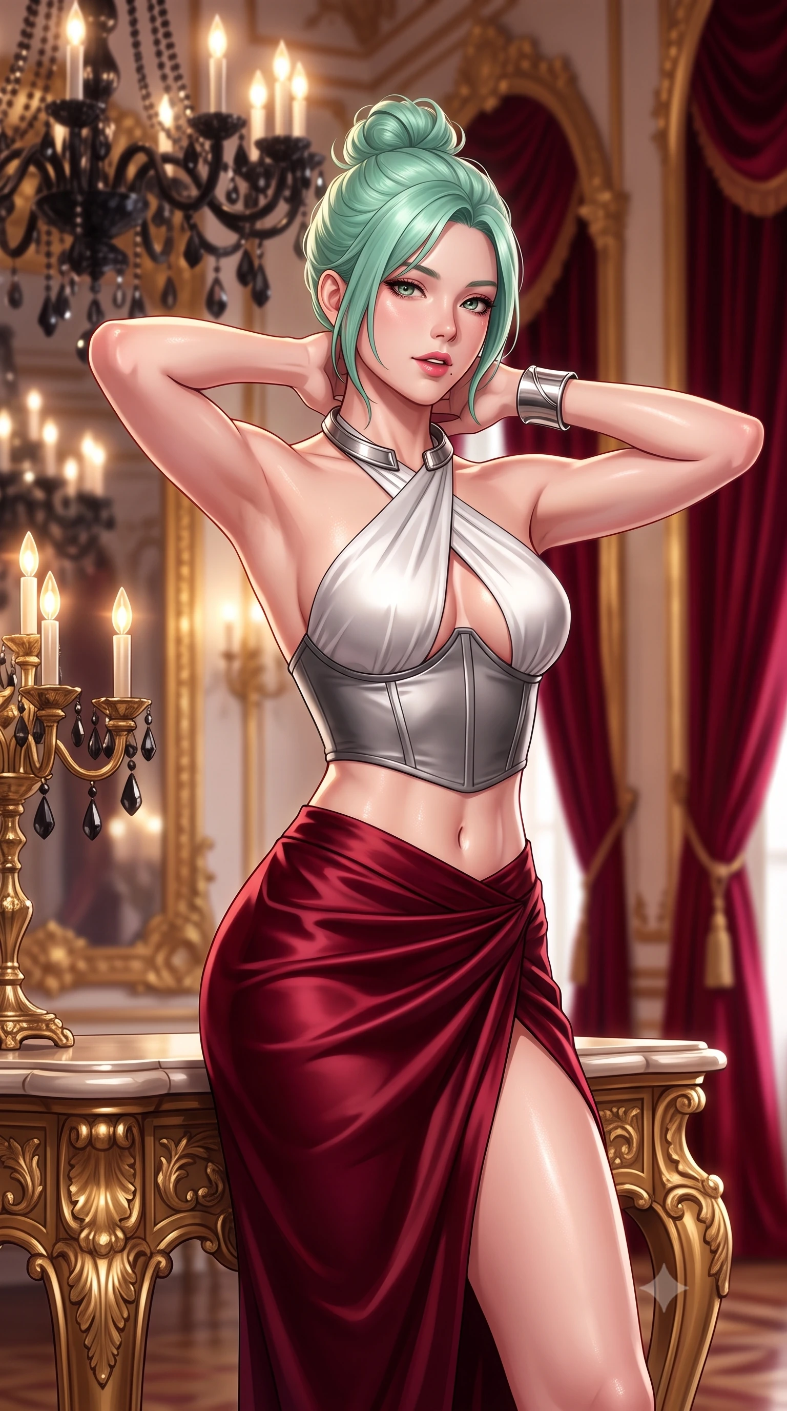 score_9, masterpiece, best quality, ultra-detailed, high-budget anime keyframe, semi-realistic 3D game render, editorial fashion photography, tasteful artistic composition, Japanese woman. close-up cowboy shot from the waist and thighs up, the character dominates the composition, filling the frame with her large presence. resting both hands lightly behind her neck with elbows raised, arching her spine to highlight her narrow waist, flat midriff, and breathtaking collarbones while leaning against a gilded baroque console table with hips cocked back, looking over a bare shoulder with an alluring, parted-lip smile. The background shows a soft-focus colossal black crystal chandeliers, soaring gold-leaf mirrors, and heavy crimson velvet drapery blurred into ruby, obsidian, and champagne bokeh. She has an exceptionally elegant, slender, and willowy female figure with an ultra-slim waist, flat toned midriff, narrow ribcage, and sculpted feminine hips creating an alluring, slim hourglass silhouette without bulk. sharp v-shaped jawline, high-bridge nose, sparkling eyes with hypnotic seductive depth, thick curled eyelashes, glossy parted lips with a natural dewy peach sheen, alluring bedroom-eyes with an enchanting coquettish smile, exuding magnetic siren charisma and sophisticated glamour, flawlessly proportioned anatomical accuracy, strict slender model proportions, natural body alignment, perfectly sculpted long slender limbs, ultra-slim waistline, clean dynamic posture without body distortion. wearing a high-waisted dark crimson satin wrap sarong skirt with hip-high slit paired with a plunging criss-cross halter corset in architectural titanium grey and pure milk white, crafted from fluid liquid silk satin that clings smoothly to every curve with a dewy sheen, finished with a sculptural silver torque collar and a matching wide architectural wrist cuff, the second-skin tailored fabric adhering flawlessly to her sculpted flat midriff and slender torso, emphasizing her long leg lines and perfectly proportioned willowy build. bathed in the glittering amber-and-gold brilliance of black-crystal chandelier candle bulbs. highly saturated vibrant anime colors, detailed shading with soft gradients, rich glossy textures, high-contrast stereoscopic depth, volumetric dynamic lighting, master piece, 9:16 ratio