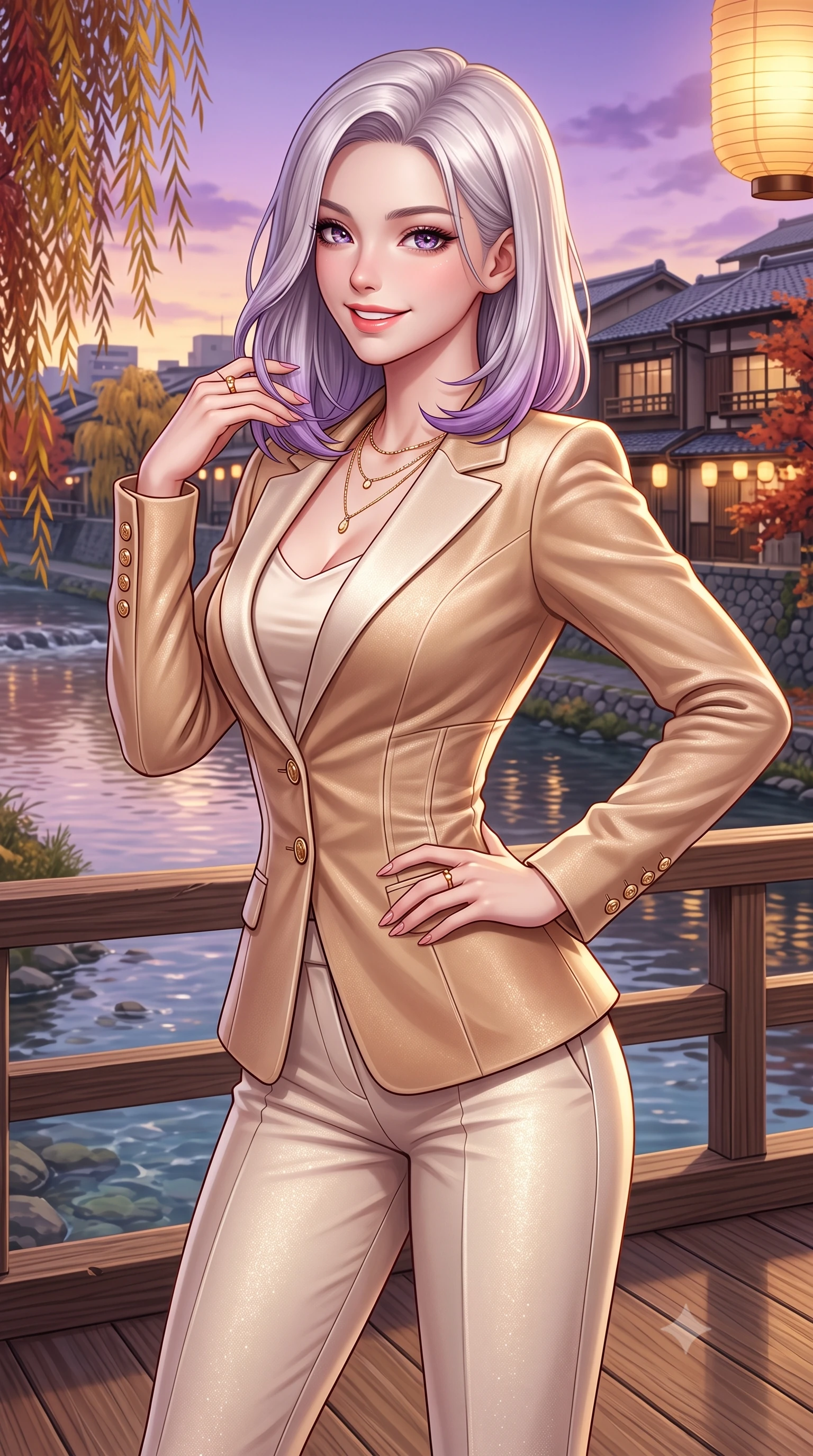 score_9, masterpiece, best quality, ultra-detailed, high-budget anime keyframe, semi-realistic 3D game render, editorial fashion photography, tasteful artistic composition, Caucasian woman. close-up cowboy shot from the waist and thighs up, the character dominates the composition, filling the frame with her large presence. twisting her slender torso in an alluring contrapposto stance, one hand toying with her hair while her gaze radiates magnetic charm while standing poised on the wooden kawayuka deck suspended over the clear riverbank, looking out at autumn willows with a bright, beaming smile. The surrounding environment is rendered in vivid detail and crisp panoramic clarity: detailed double-breasted wool gabardine trench coat drape, horn buttons, and historic Japanese urban architecture in high resolution. She has an exceptionally elegant, slender, and willowy female figure with an ultra-slim waist, flat toned midriff, narrow ribcage, and sculpted feminine hips creating an alluring, slim hourglass silhouette without bulk. sharp v-shaped jawline, high-bridge nose, intricate jewel-like sparkling eyes with depth, thick eyelashes, glossy parted lips with a natural peach sheen, bright cheerful beaming smile with an enchanting and coquettish sensual glint, exuding both youthful cute charm and seductive allure, flawlessly proportioned anatomical accuracy, strict slender model proportions, natural body alignment, perfectly sculpted long slender limbs, ultra-slim waistline, clean dynamic posture without body distortion. wearing a tailored corseted velvet blazer jacket worn closed over a tight-fitting silk camisole and sleek tailored cigarette pants in soft champagne ivory and warm biscuit beige, woven from stretch metallic lurex knit casting subtle luminous champagne glints across her contours, accented with delicate gold button studs trailing down the snug sleeve cuffs, the snug waist-cinching tailoring accentuating her ultra-slim waistline and the enchanting curve of her feminine hips with alluring seductive charm. bathed in the soft purple-gold twilight glow of autumn sunset over the Higashiyama mountains mixed with warm paper lantern lights. highly saturated vibrant anime colors, detailed shading with soft gradients, rich glossy textures, high-contrast stereoscopic depth, volumetric dynamic lighting, master piece, 9:16 ratio