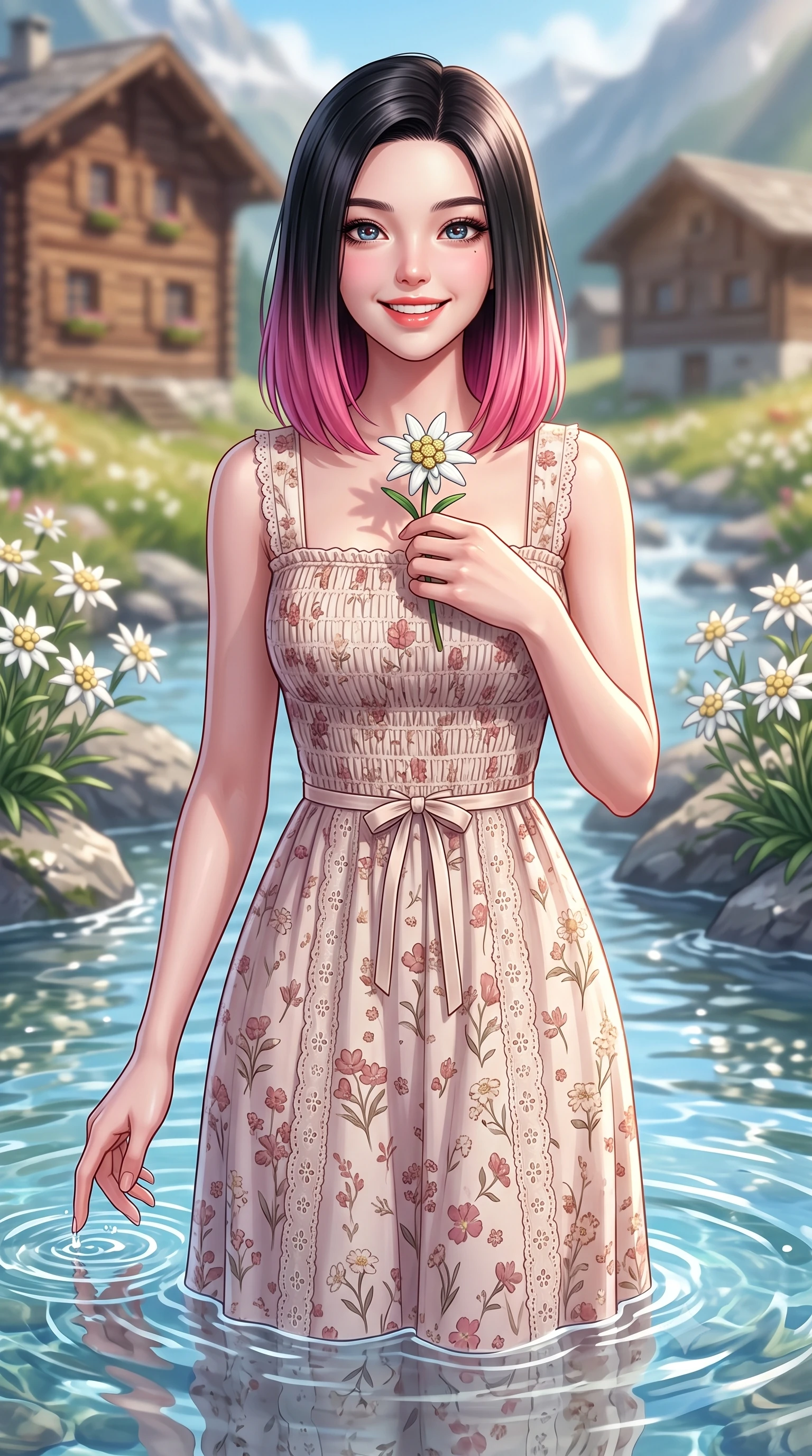 score_9, masterpiece, best quality, ultra-detailed, high-budget anime keyframe, semi-realistic 3D game render, editorial fashion photography, tasteful artistic composition, Korean woman. close-up cowboy shot from the waist and thighs up, the character dominates the composition, filling the frame with her large presence. holding her hands loosely near her heart with an enchanting, affectionate gaze looking directly into the lens while dipping her fingertips playfully into a crystal-clear glacial mountain stream, her expression sparkling with pure delight. The composition keeps background elements in soft focus with creamy bokeh. rustic timber mountain chalets and blooming edelweiss clusters softened in gentle atmospheric depth. She has an exceptionally elegant, slender, and willowy female figure with an ultra-slim waist, a gracefully sculpted slender torso, toned flat midriff, and a refined slim silhouette. sharp v-shaped jawline, high-bridge nose, intricate jewel-like eyes with depth, thick eyelashes, glossy lips with a natural sheen, pure and lovely fresh girlhood expression, flawlessly proportioned anatomical accuracy, strict slender model proportions, natural body alignment, perfectly sculpted long slender limbs, ultra-slim waistline, clean dynamic posture without body distortion. wearing a sweet square-neck smocked midi dress decorated with delicate wildflower patterns in soft dusty rose and oatmeal beige, woven with delicate eyelet lace and breathable cotton voile, accented with a dainty ribbon bow at the waistline, the body-hugging lightweight knit clinging delicately to her slender torso, accentuating her graceful neck and feminine lines. surrounded by a fresh, uplifting, and enchantingly pure alpine girlhood aura. highly saturated vibrant anime colors, detailed shading with soft gradients, rich glossy textures, high-contrast stereoscopic depth, volumetric dynamic lighting, master piece, 9:16 ratio