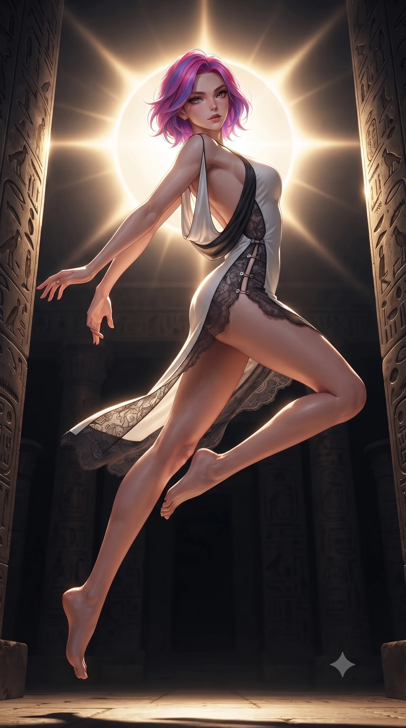 score_9, masterpiece, best quality, ultra-detailed, high-budget anime keyframe, editorial fashion photography, tasteful artistic composition, Caucasian woman. low angle full-body shot from head to toe showing her feet, filling the entire 9:16 vertical frame with her statuesque presence, stretching her vertical silhouette. leaping through mid-air with an athletic yet alluring arch of her spine, her impossibly long slender legs stretched in flawless poise while arching her spine in a powerful yet alluring stance against the desert winds as cosmic corona flares illuminate her silhouette. The surrounding environment is rendered in vivid detail and crisp panoramic clarity. sharp obsidian stone facet reflections, glowing solar corona flares, and detailed temple hieroglyphs in deep focus. She has an absolutely perfect, statuesque 8.5-heads proportion, an exceptionally tall and slender model-like female figure with impossibly long slender legs, a toned flat midriff, and an ultra-slim waist. sharp v-shaped jawline, high-bridge nose, intricate jewel-like eyes with depth, thick eyelashes, glossy lips with a natural sheen, flawlessly proportioned anatomical accuracy, strict slender model proportions, natural body alignment, perfectly sculpted long slender limbs, ultra-slim waistline, clean dynamic posture without body distortion. wearing a precision-fitted liquid jersey bodycon dress with a dramatic draped cowl back that swoops down to her waist and a high side slit in high-gloss monochrome white and sharp black contrast, crafted from delicate dark lace interwoven with luminescent micro-fibers, finished with an ultra-high side slit secured by miniature magnetic clasps, the form-contouring material adhering flawlessly to her sculpted flat midriff and slender torso, emphasizing her long leg lines and perfectly proportioned willowy build. bathed in blazing golden-white solar corona backlighting with deep obsidian shadow contrast. ultra-reflective glossy finish, specular highlights, metallic sheen, high-contrast stereoscopic depth, volumetric dynamic lighting, 2k, ultra detail, master piece, 9:16 ratio