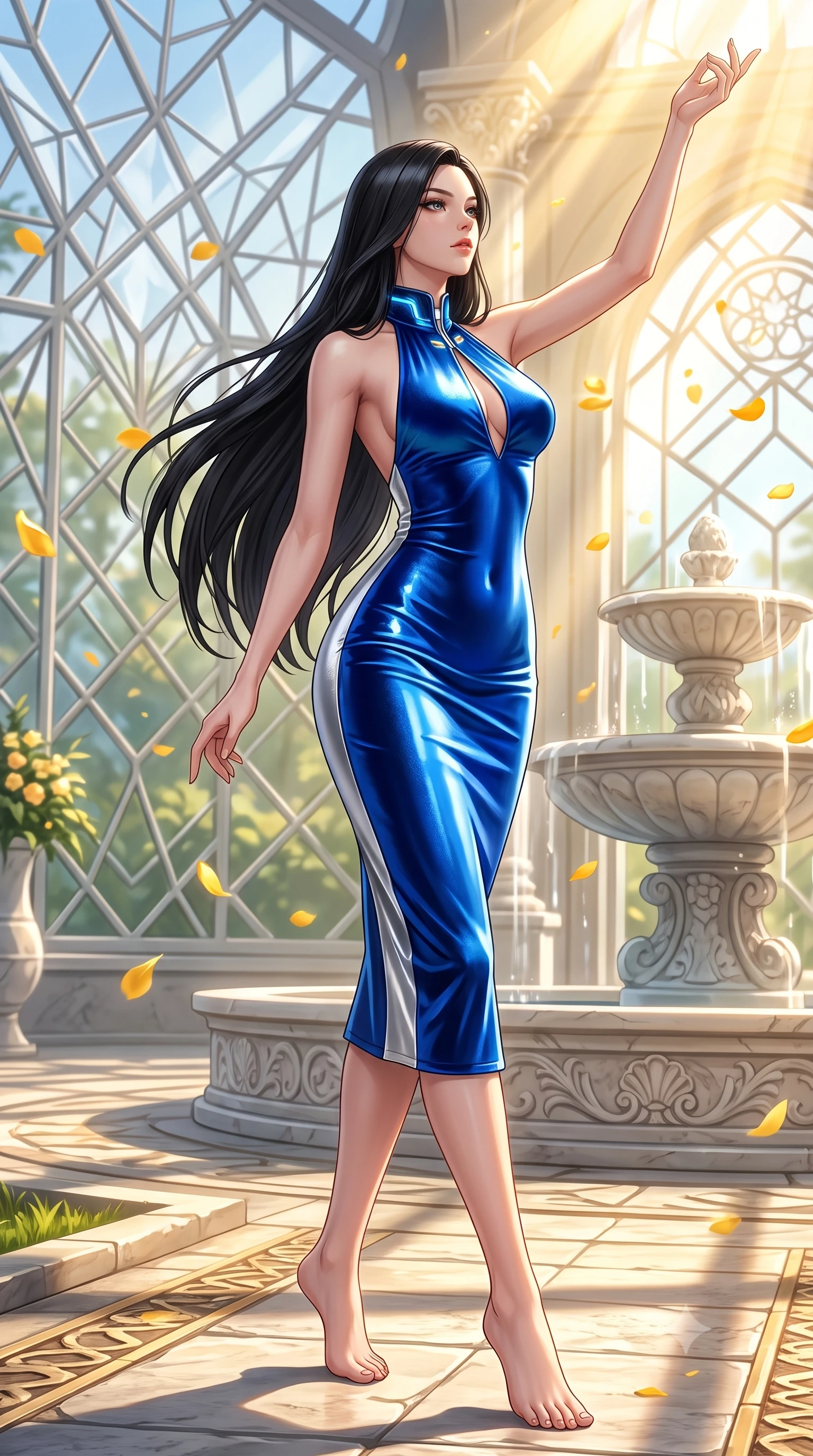 score_9, masterpiece, best quality, ultra-detailed, high-budget anime keyframe, semi-realistic 3D game render, editorial fashion photography, tasteful artistic composition, Korean woman. low angle full-body shot from head to toe showing her feet, filling the entire 9:16 vertical frame with her statuesque presence, stretching her vertical silhouette. pivoting dynamically in mid-motion with a breathtakingly alluring posture, displaying her flawless model proportions and ultra-slim waist while reaching one arm gracefully toward the streaming sunlight as golden flower petals float past in the warm air. The surrounding environment is rendered in vivid detail and crisp panoramic clarity. crisp glass geometric lattices, marble fountain carvings, and sunlit stone pathways in high resolution. She has an absolutely perfect, statuesque 8.5-heads proportion, an exceptionally tall and slender model-like female figure with impossibly long slender legs, a toned flat midriff, and an ultra-slim waist. sharp v-shaped jawline, high-bridge nose, intricate jewel-like eyes with depth, thick eyelashes, glossy lips with a natural sheen, flawlessly proportioned anatomical accuracy, strict slender model proportions, natural body alignment, perfectly sculpted long slender limbs, ultra-slim waistline, clean dynamic posture without body distortion. wearing a velvet halter-neck midi dress fitting her statuesque contour flawlessly with a Tasteful chest slit and open spine in liquid electric cobalt blue and polished silver, made of liquid metal jersey that clings flawlessly to every contour of her build, featuring a dangerously unzipped neckline framed by glowing cybernetic accents, the sleek second-skin cut tightly hugging her graceful clavicle, narrow waist, and feminine curves with athletic precision. surrounded by a bright, pristine, and captivatingly fresh botanical sanctuary atmosphere. highly saturated vibrant anime colors, detailed shading with soft gradients, rich glossy textures, high-contrast stereoscopic depth, volumetric dynamic lighting, master piece, 9:16 ratio