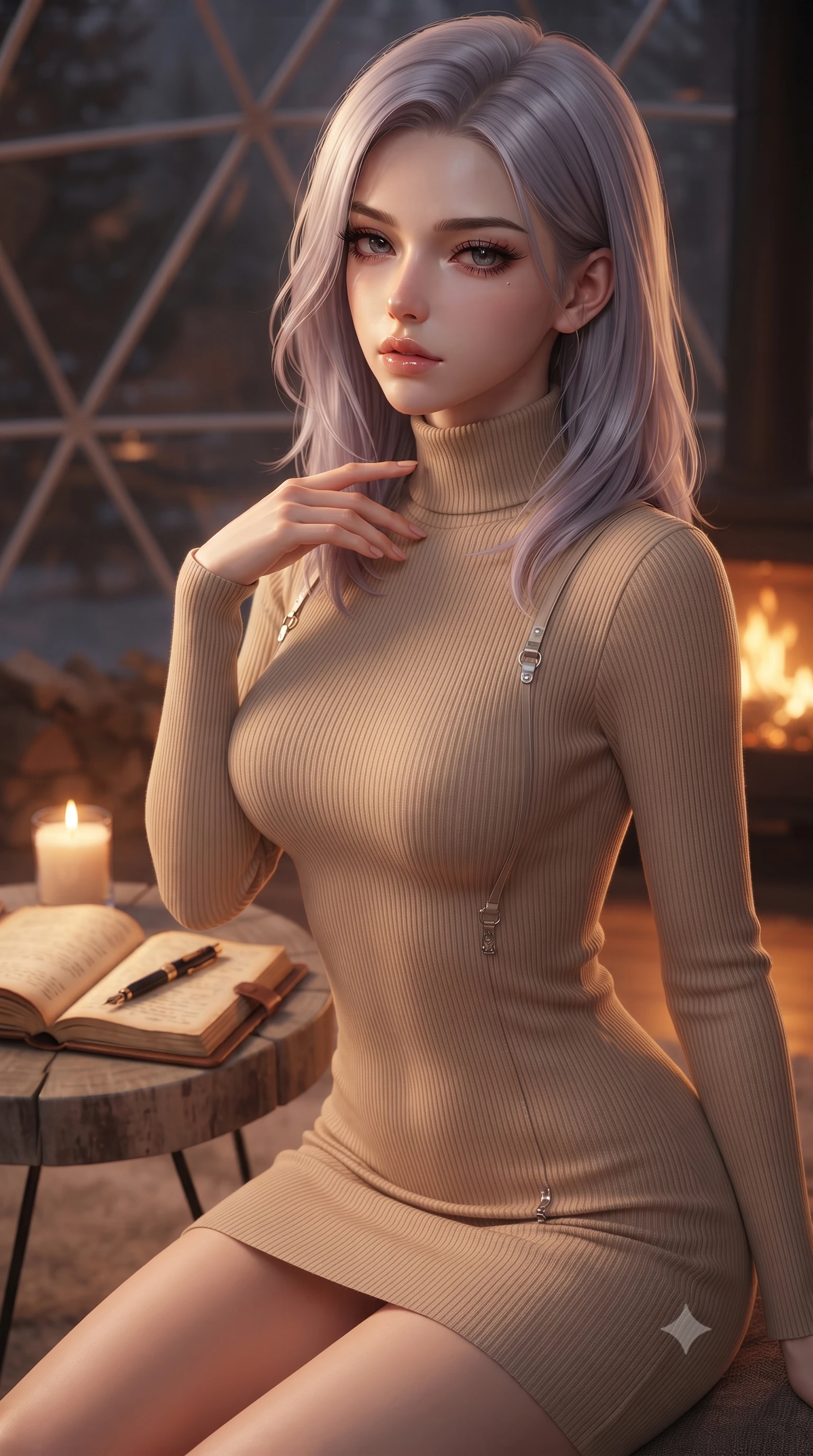 score_9, masterpiece, best quality, ultra-detailed, high-budget anime keyframe, editorial fashion photography, tasteful artistic composition, Caucasian woman. close-up cowboy shot from the waist and thighs up, the character dominates the composition, filling the frame with her large presence, background elements kept in soft focus. gently tracing her fingertips along her bare collarbone, casting a sultry gaze beneath long dark eyelashes set against a soft-focus background of inside an exclusive geodesic dome with an open leather journal and a gold fountain pen sitting next to a candle. She has an exceptionally elegant, slender, and willowy female figure with an ultra-slim waist, a gracefully sculpted slender torso, and a refined silhouette. sharp v-shaped jawline, high-bridge nose, intricate jewel-like eyes with depth, thick eyelashes, glossy lips with a natural sheen. wearing body-hugging warm beige semi-opaque chiffon form-fitting ribbed knit turtleneck dress outlining her slender silhouette accented with delicate silver hardware. bathed in cozy, flickering fireplace light that paints the room in a warm orange wash. ultra-reflective glossy finish, specular highlights, metallic sheen, high-contrast stereoscopic depth, volumetric dynamic lighting, 2k, ultra detail, master piece, 9:16 ratio