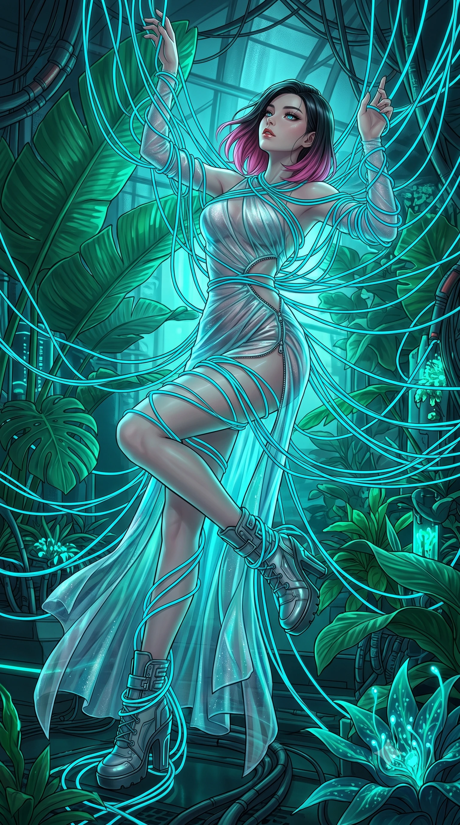 score_9, masterpiece, best quality, ultra-detailed, High-budget Anime Keyframe, East Asian woman. Dynamic full-body shot stretching the vertical silhouette to the limit. Scenario 360: tangled in a web of glowing cyan fiber-optic cables inside a cybernetic greenhouse filled with giant glowing tropical leaves. Her presence is magnetic and overpowering in this high-budget anime scene. Outfit 360: a body-hugging shimmering chiffon dangerous with a unzipped detail and translucent layers. The clothing is designed to emphasize her exceptionally tall and slender 8-heads proportion. 8-heads proportion, towering silhouette, ultra-slim waist. sharp v-shaped jawline, intricate jewel-like eyes with depth, thick eyelashes, glossy lips. 2k, ultra detail, master piece, 9:16 ratio