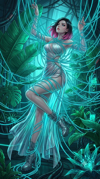 score_9, masterpiece, best quality, ultra-detailed, High-budget Anime Keyframe, East Asian woman. Dynamic full-body shot stretching the vertical silhouette to the limit. Scenario 360: tangled in a web of glowing cyan fiber-optic cables inside a cyber